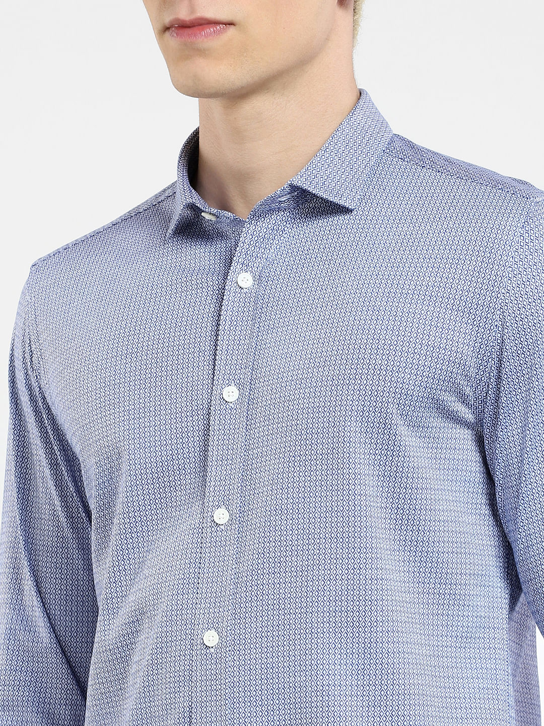 Blue Printed Knit Full Sleeves Shirt - Image 5