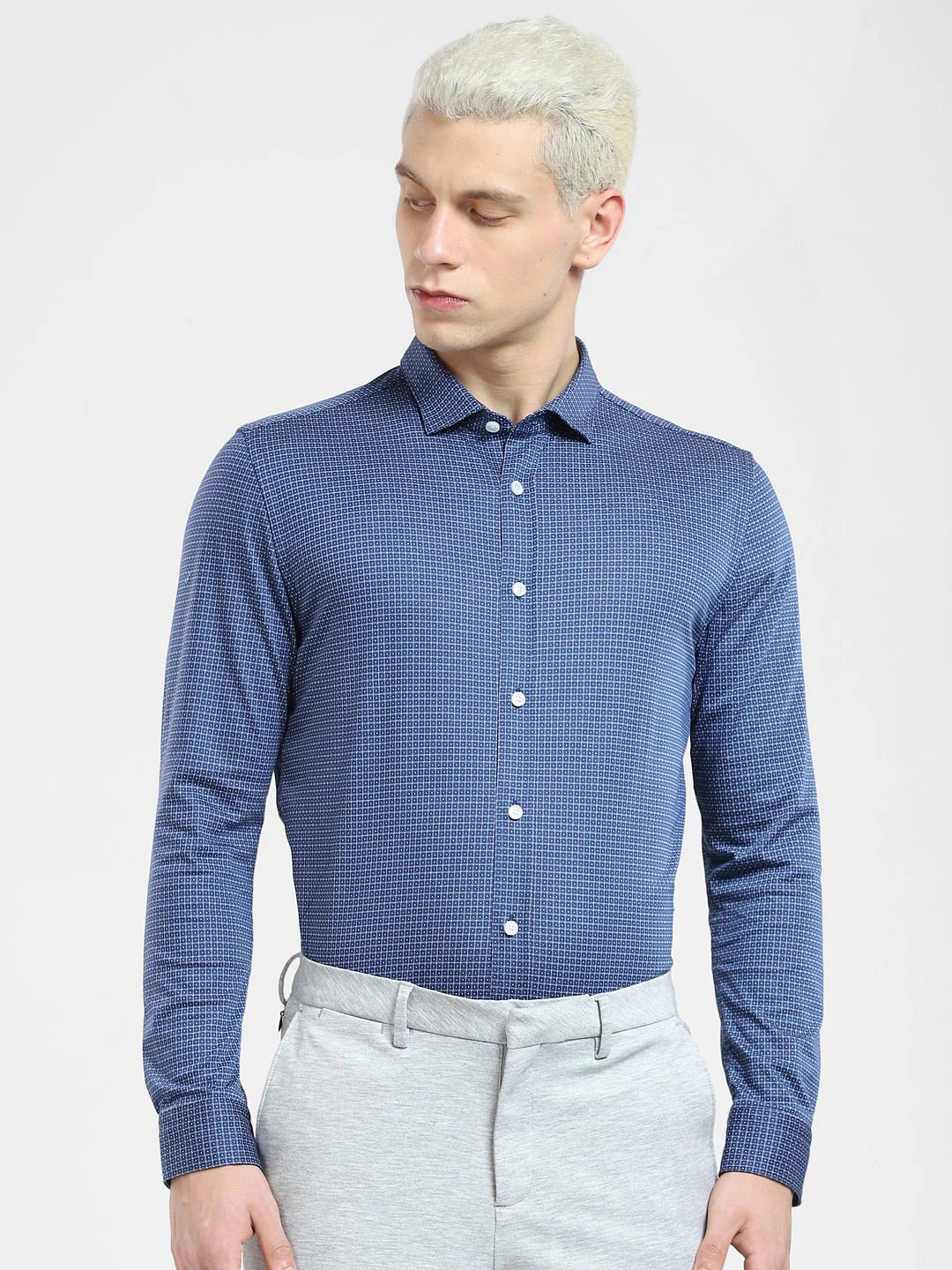 Dark Blue Printed Knit Full Sleeves Shirt - Image 2