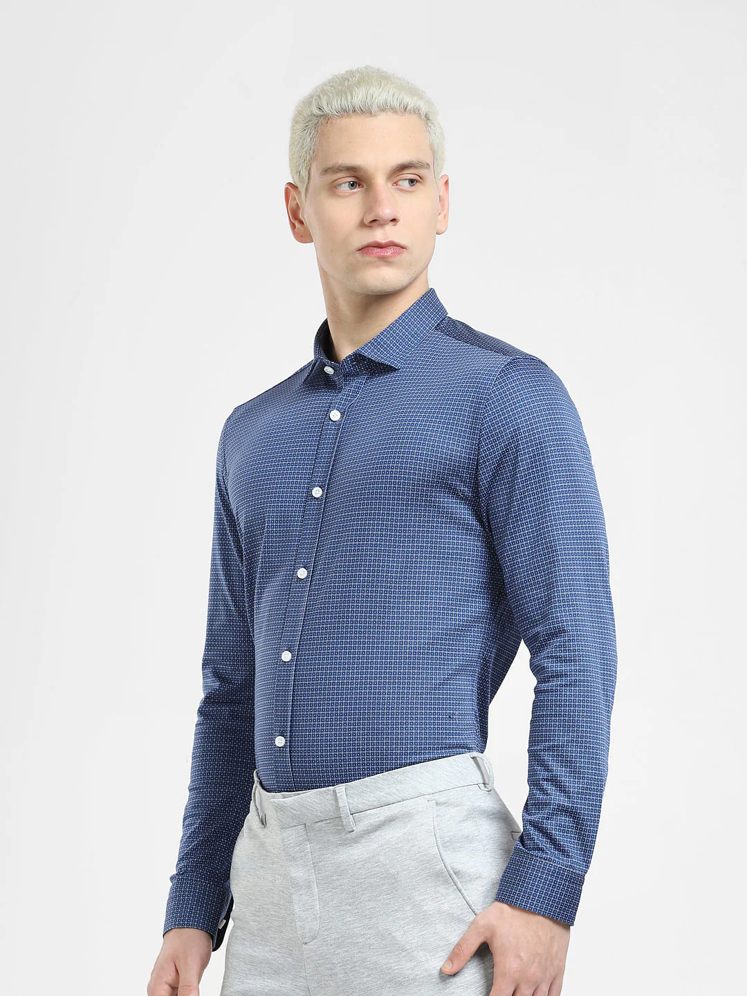 Dark Blue Printed Knit Full Sleeves Shirt - Image 3