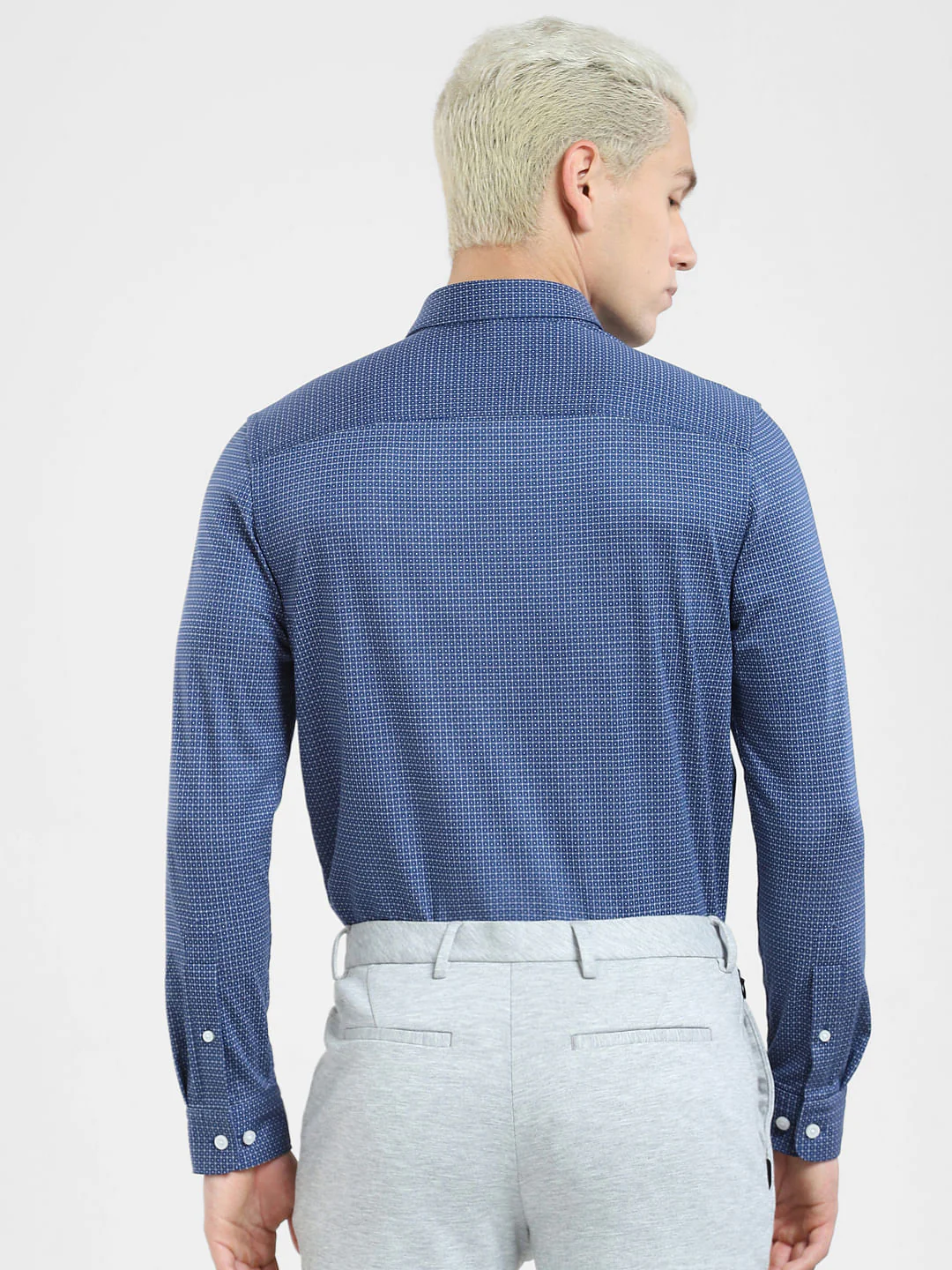 Dark Blue Printed Knit Full Sleeves Shirt - Image 4