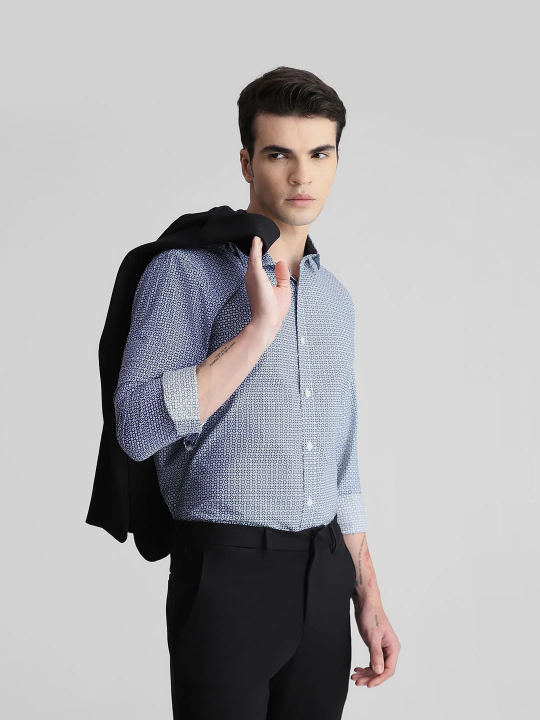 White & Blue Print Full Sleeves Shirt