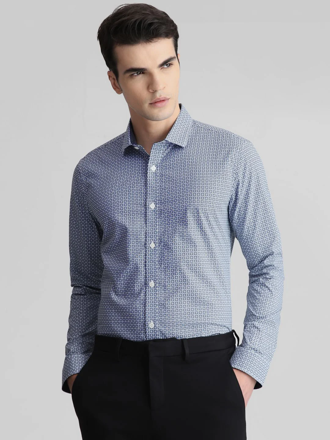 White & Blue Print Full Sleeves Shirt - Image 2