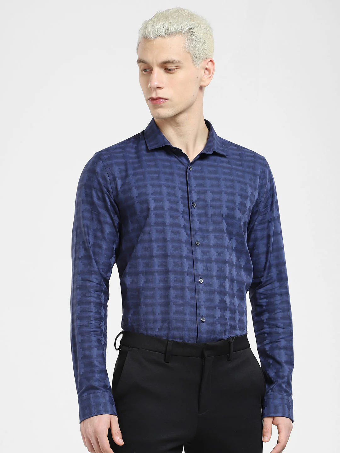 Dark Blue Printed Full Sleeves Shirt - Image 2