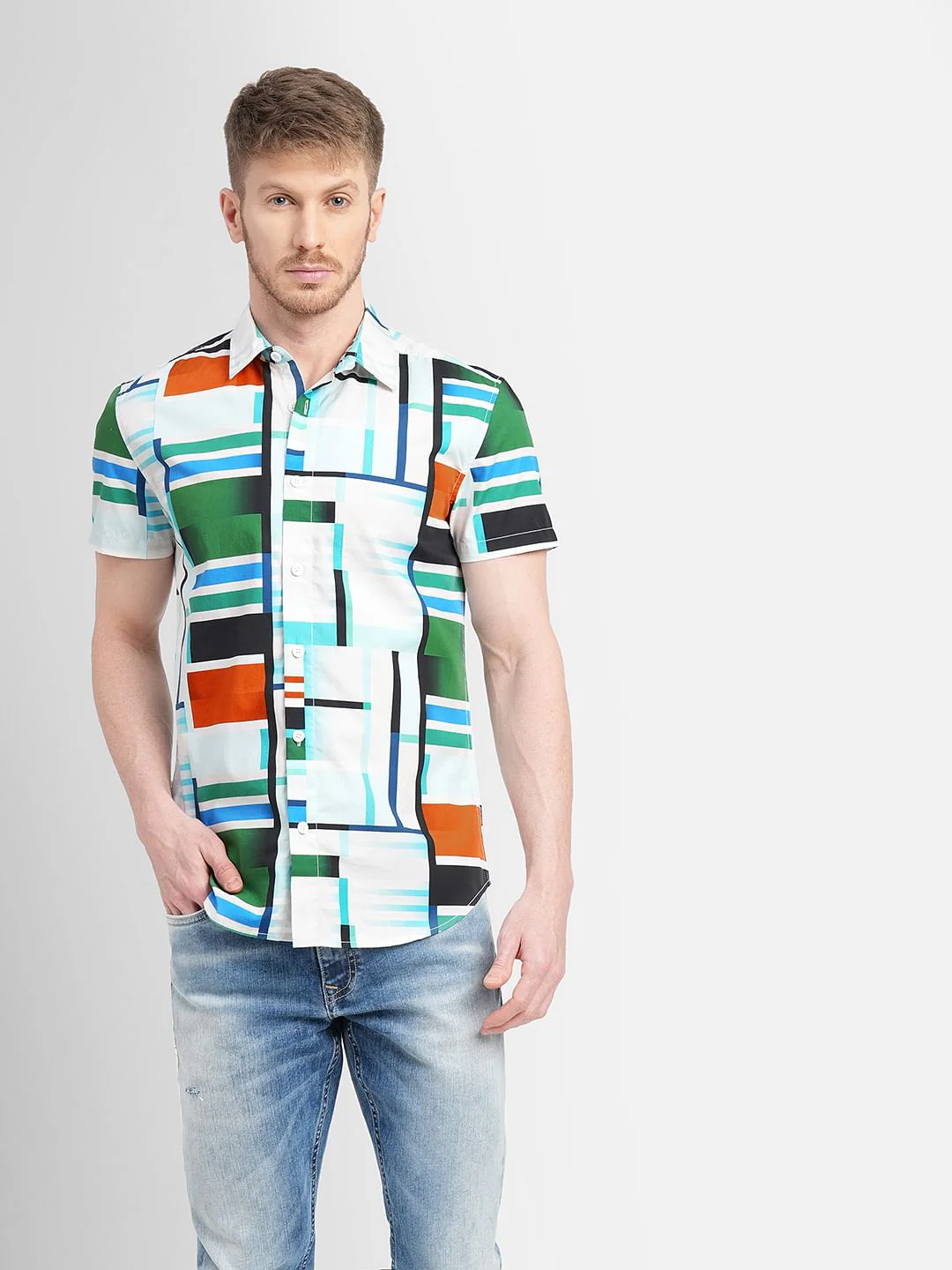 White Abstract Print Short Sleeves Shirt - Image 2