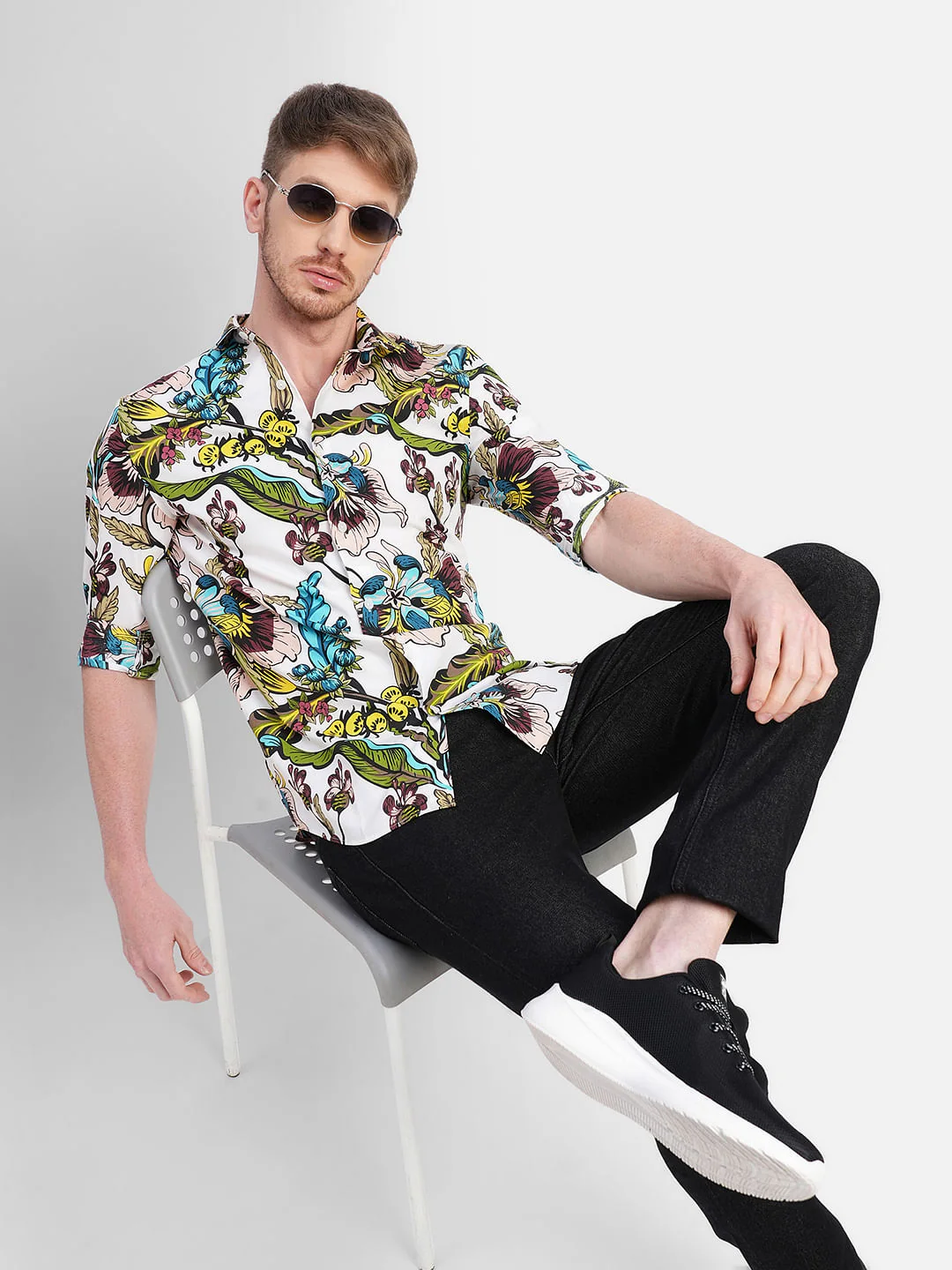 White Floral Print Full Sleeves Shirt