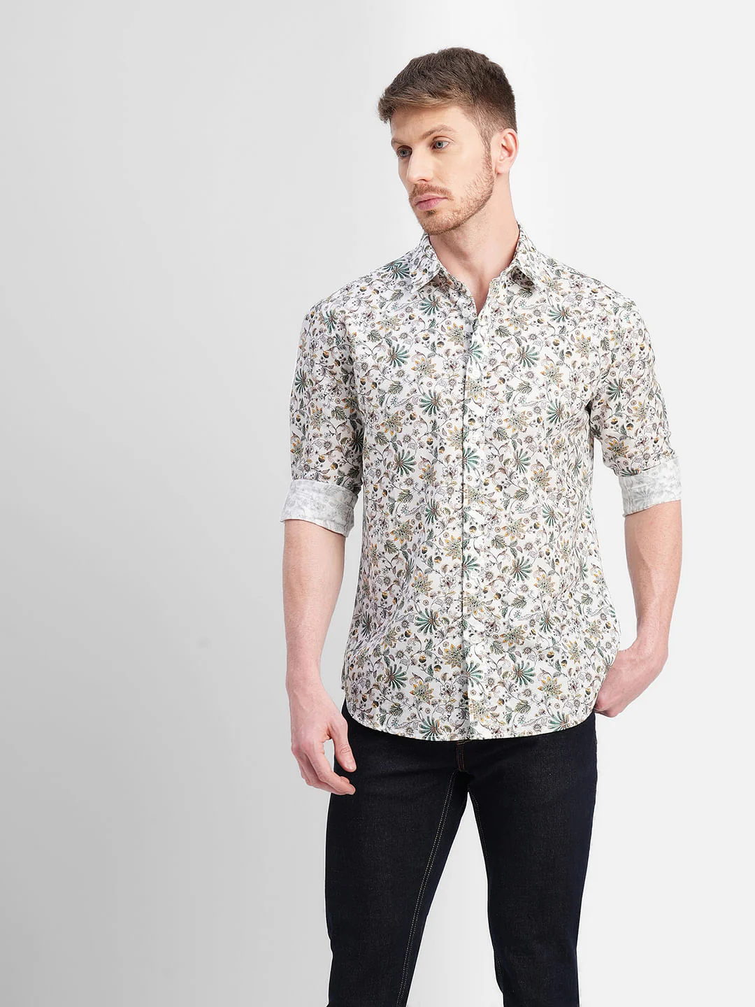 White Floral Print Full Sleeves Shirt - Image 2