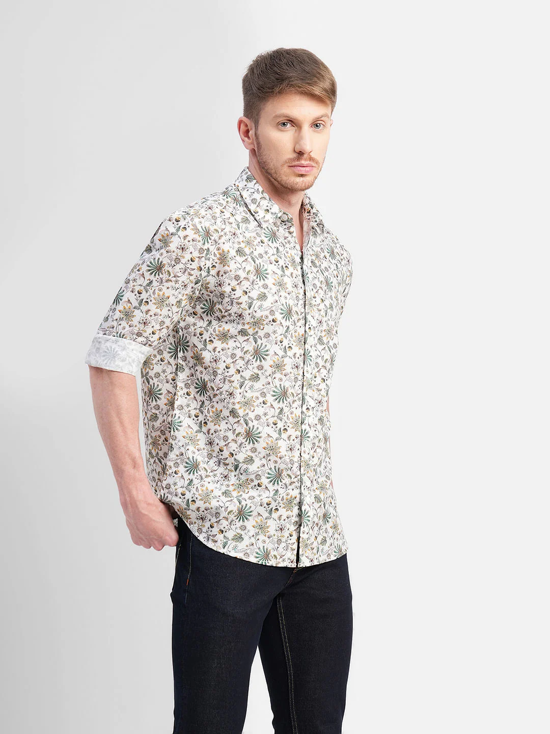 White Floral Print Full Sleeves Shirt - Image 3