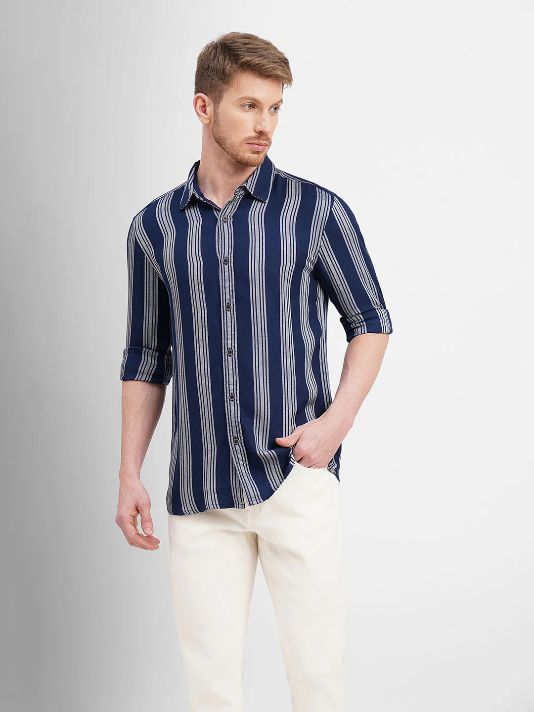Blue Striped Full Sleeves Shirt - Image 2