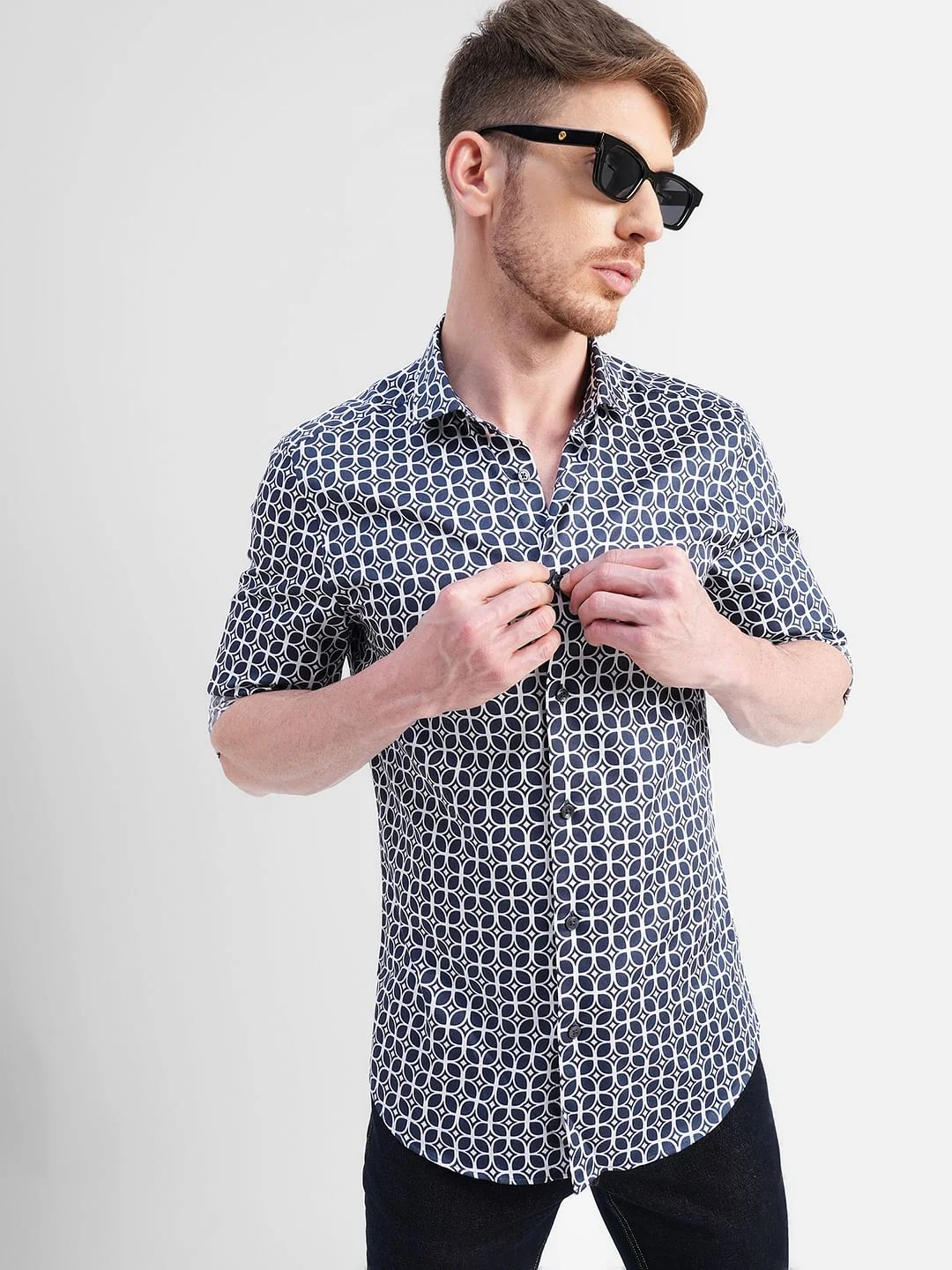 Dark Blue Printed Full Sleeves Shirt