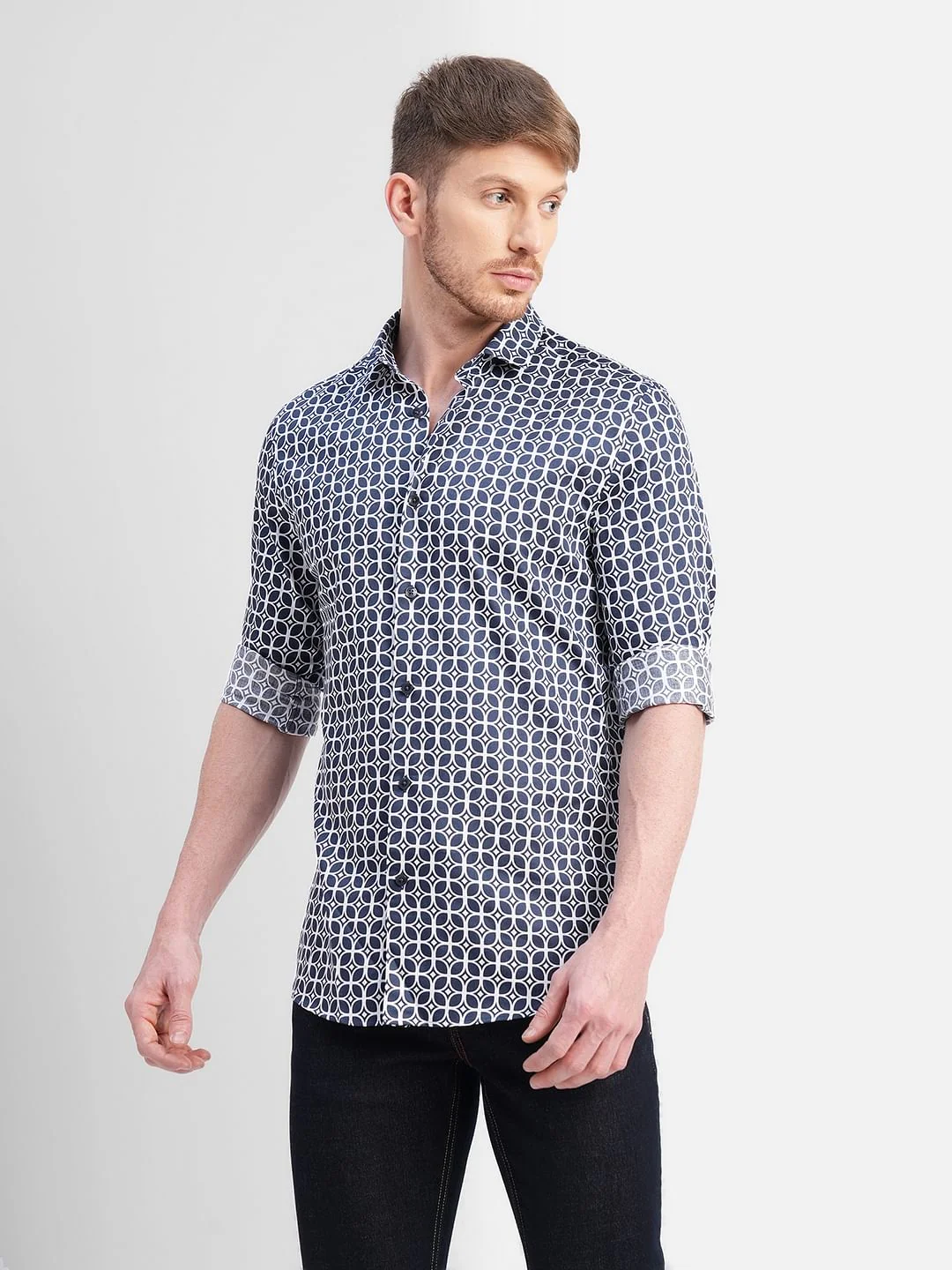 Dark Blue Printed Full Sleeves Shirt - Image 2