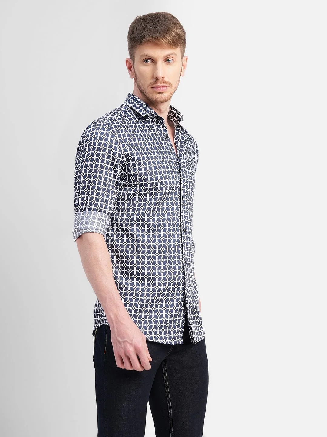 Dark Blue Printed Full Sleeves Shirt - Image 3