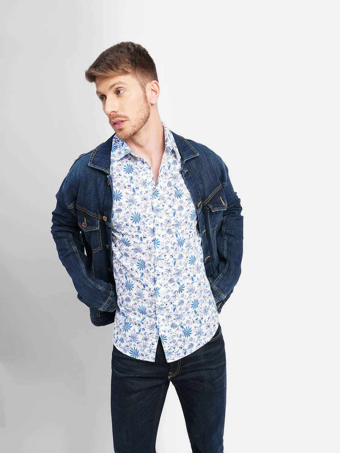 White Floral Print Full Sleeves Shirt