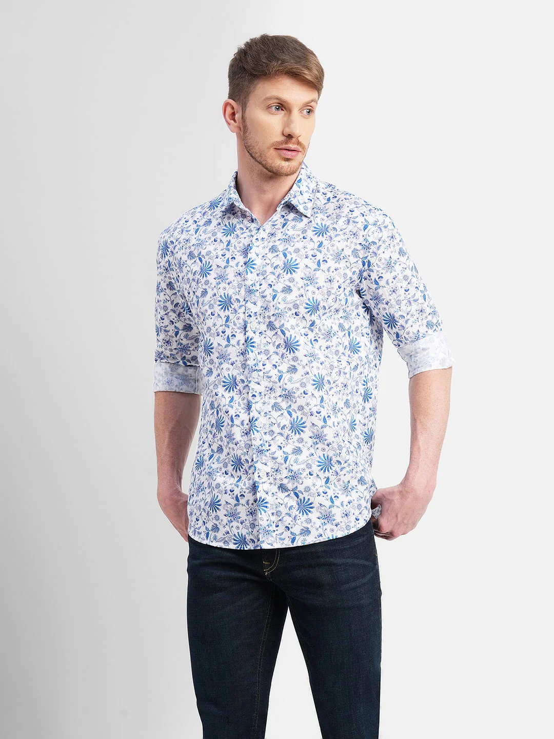 White Floral Print Full Sleeves Shirt - Image 2