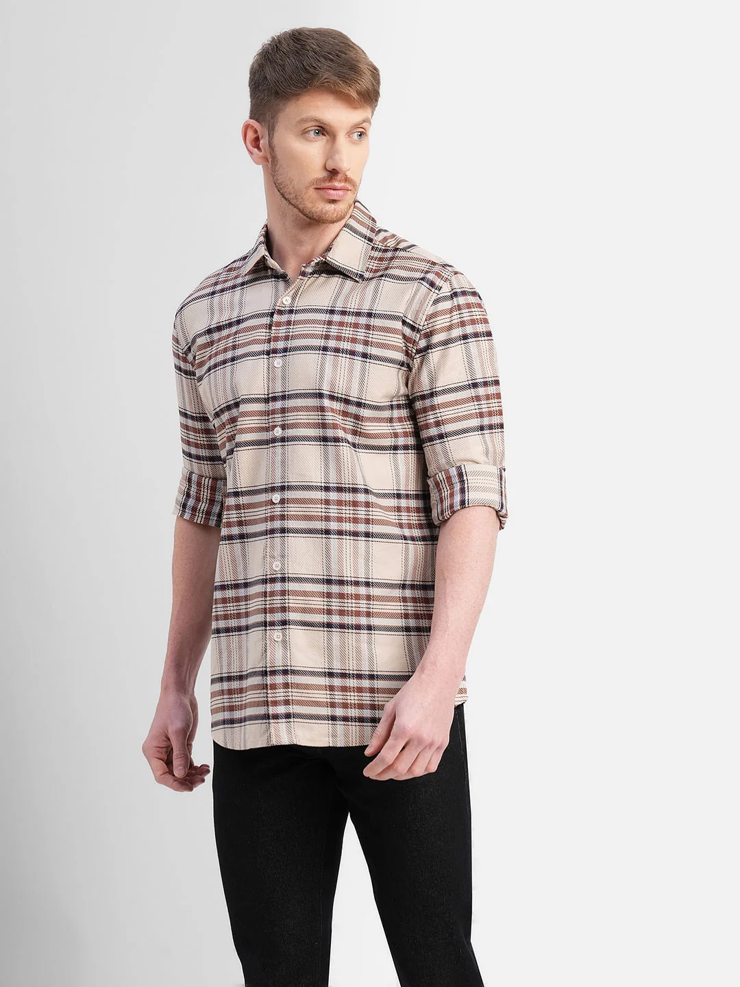 Beige Check Print Full Sleeves Shirt - Image 2