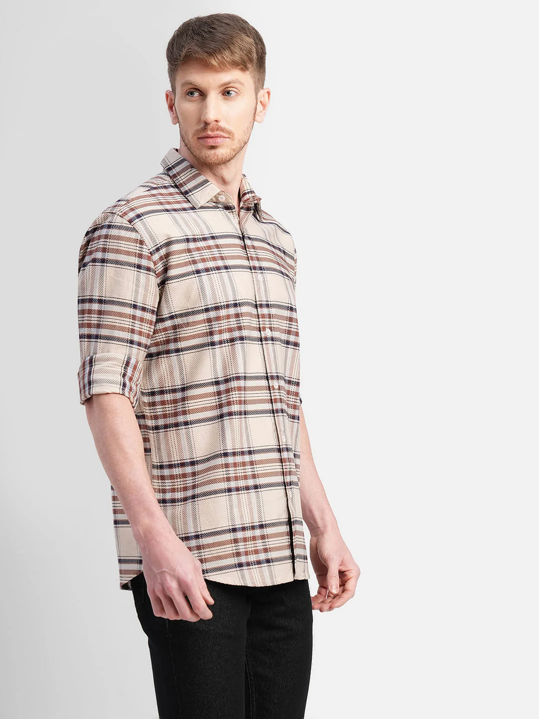 Beige Check Print Full Sleeves Shirt - Image 3