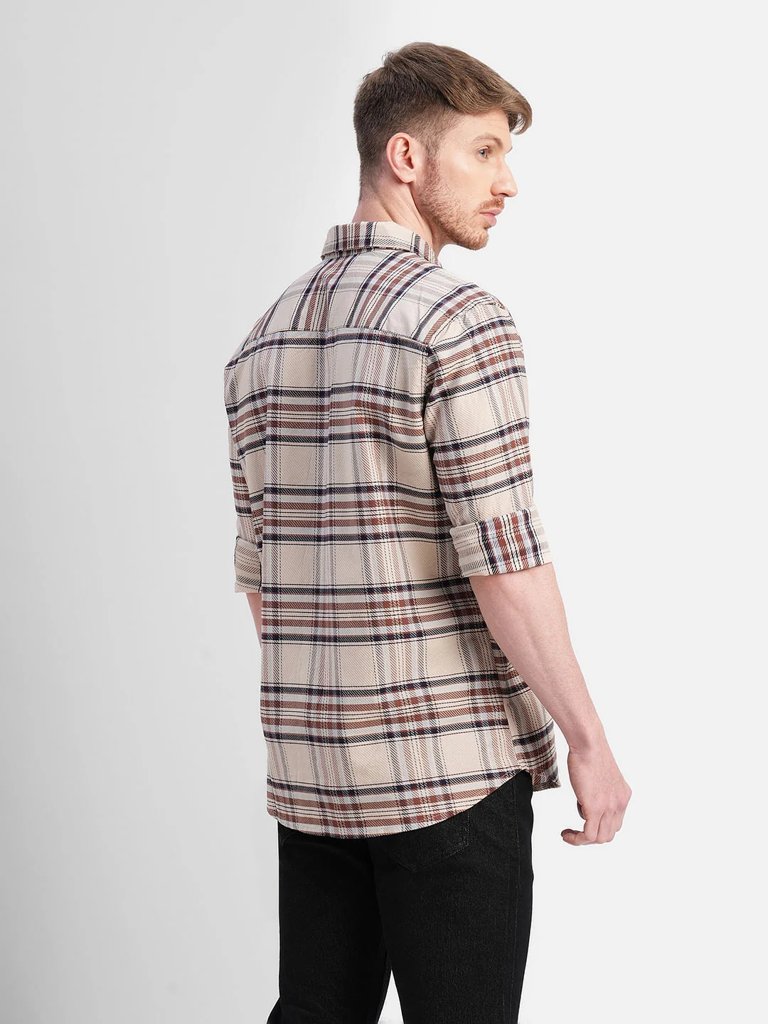 Beige Check Print Full Sleeves Shirt - Image 4