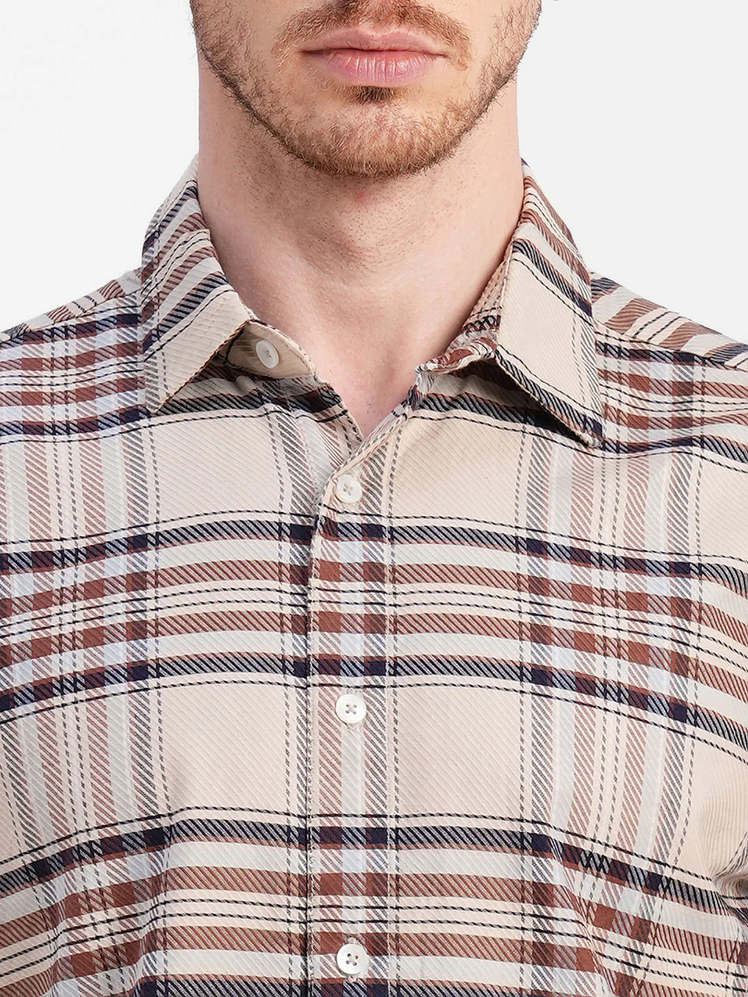 Beige Check Print Full Sleeves Shirt - Image 5