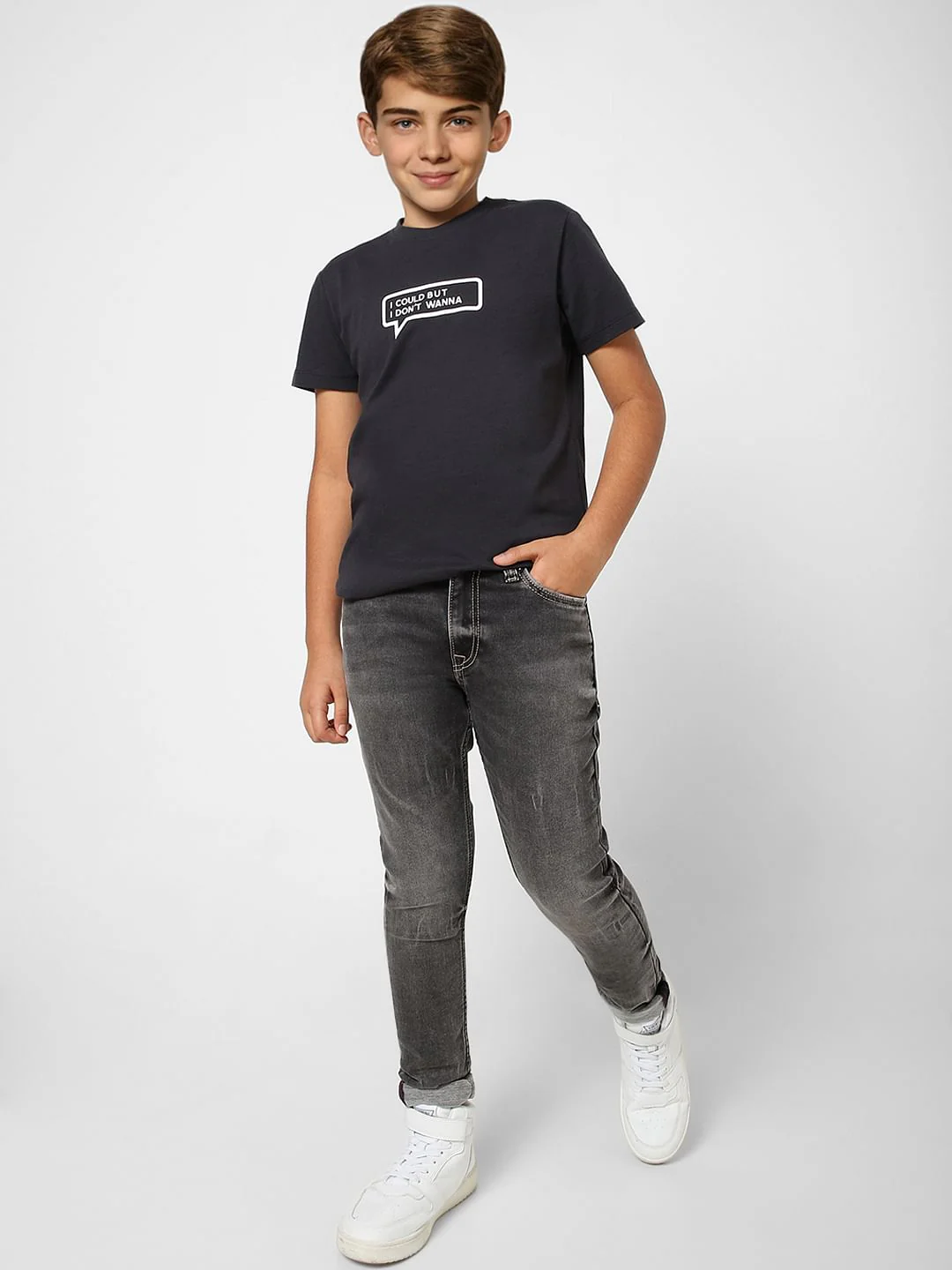 Boys Black Slogan Print Crew Neck T-shirt