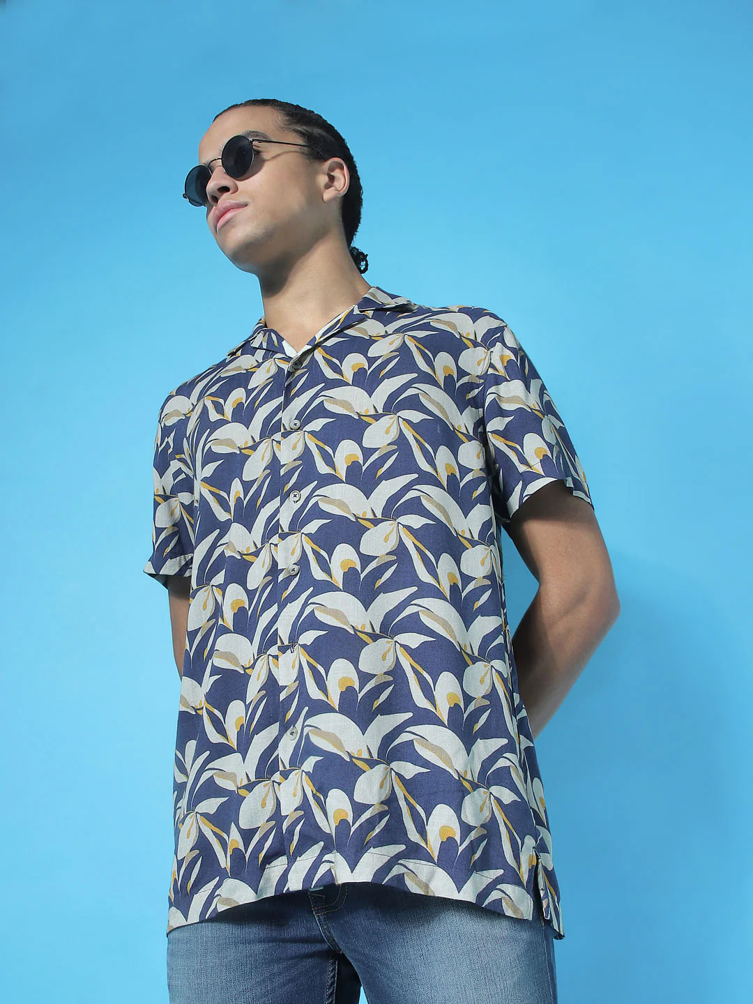 Dark Blue Printed Short Sleeves Shirt