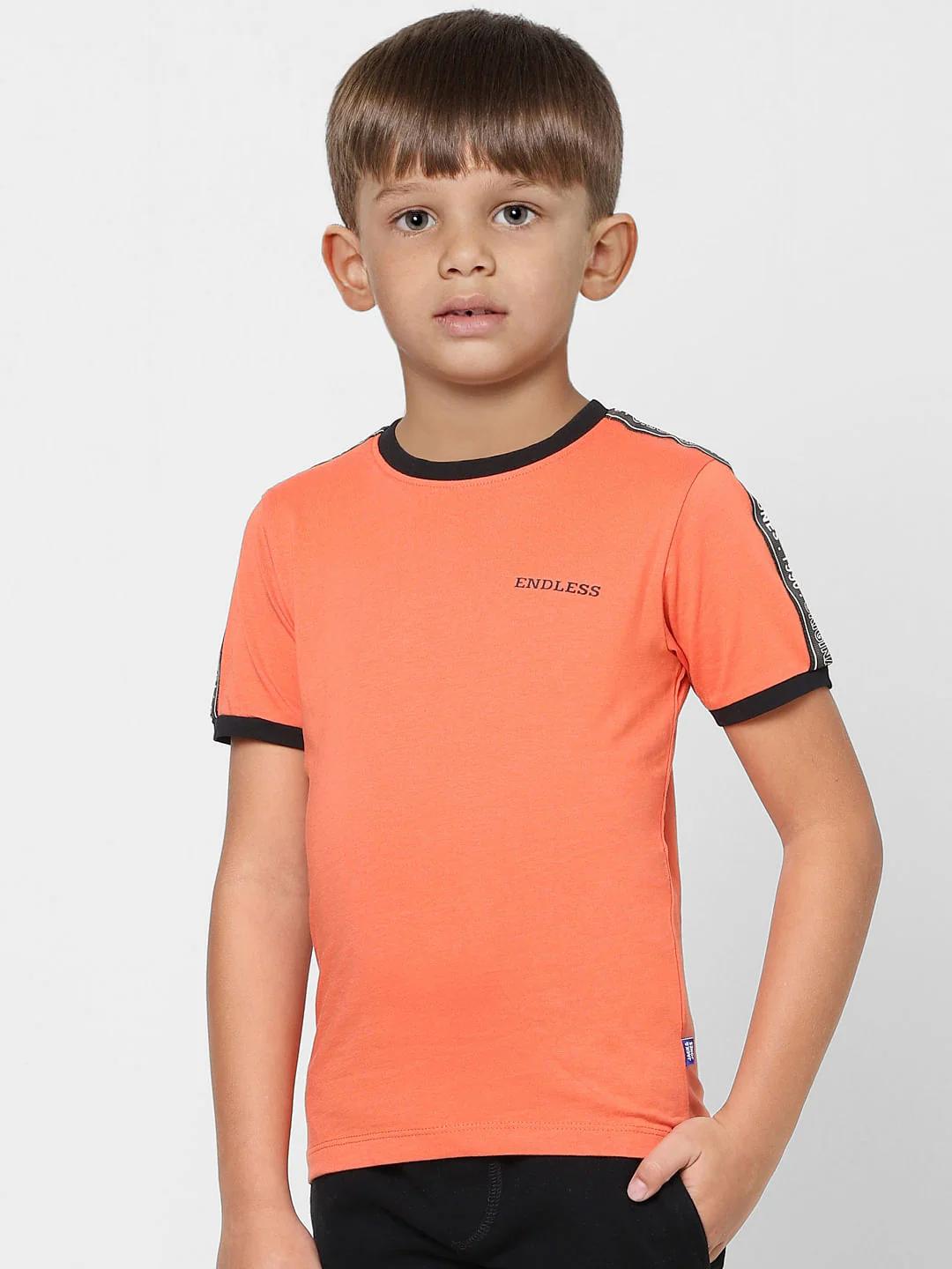 Boys Orange Tape Detail Crew Neck T-shirt - Image 3