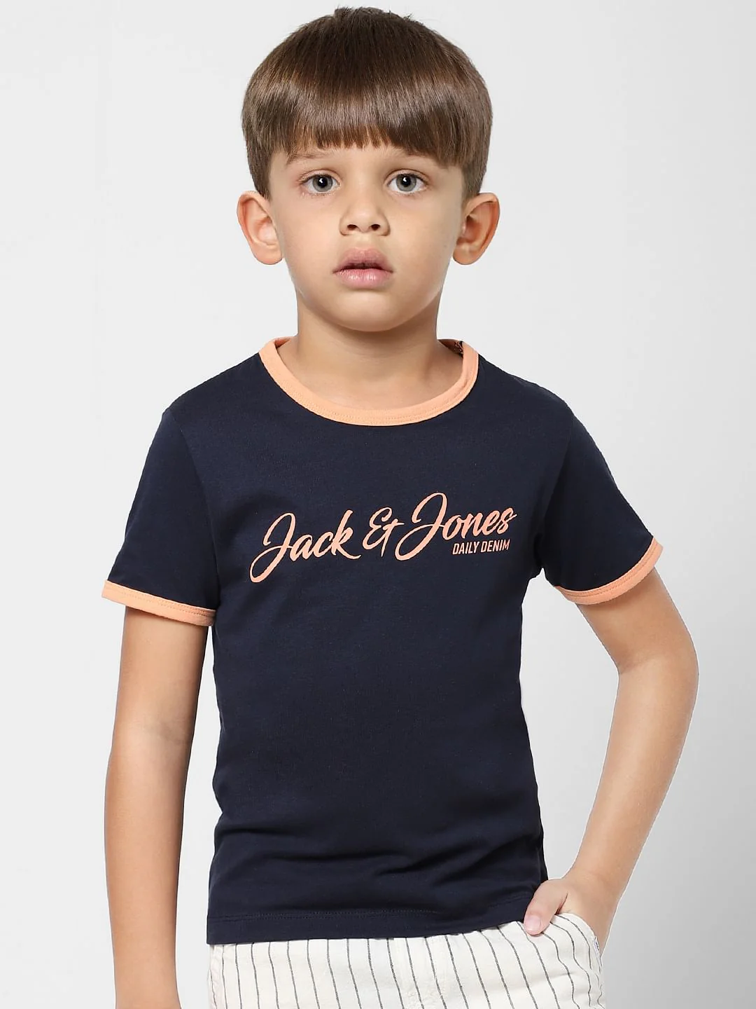 BOYS Navy Blue Contrast Tipping Crew Neck T-shirt - Image 2