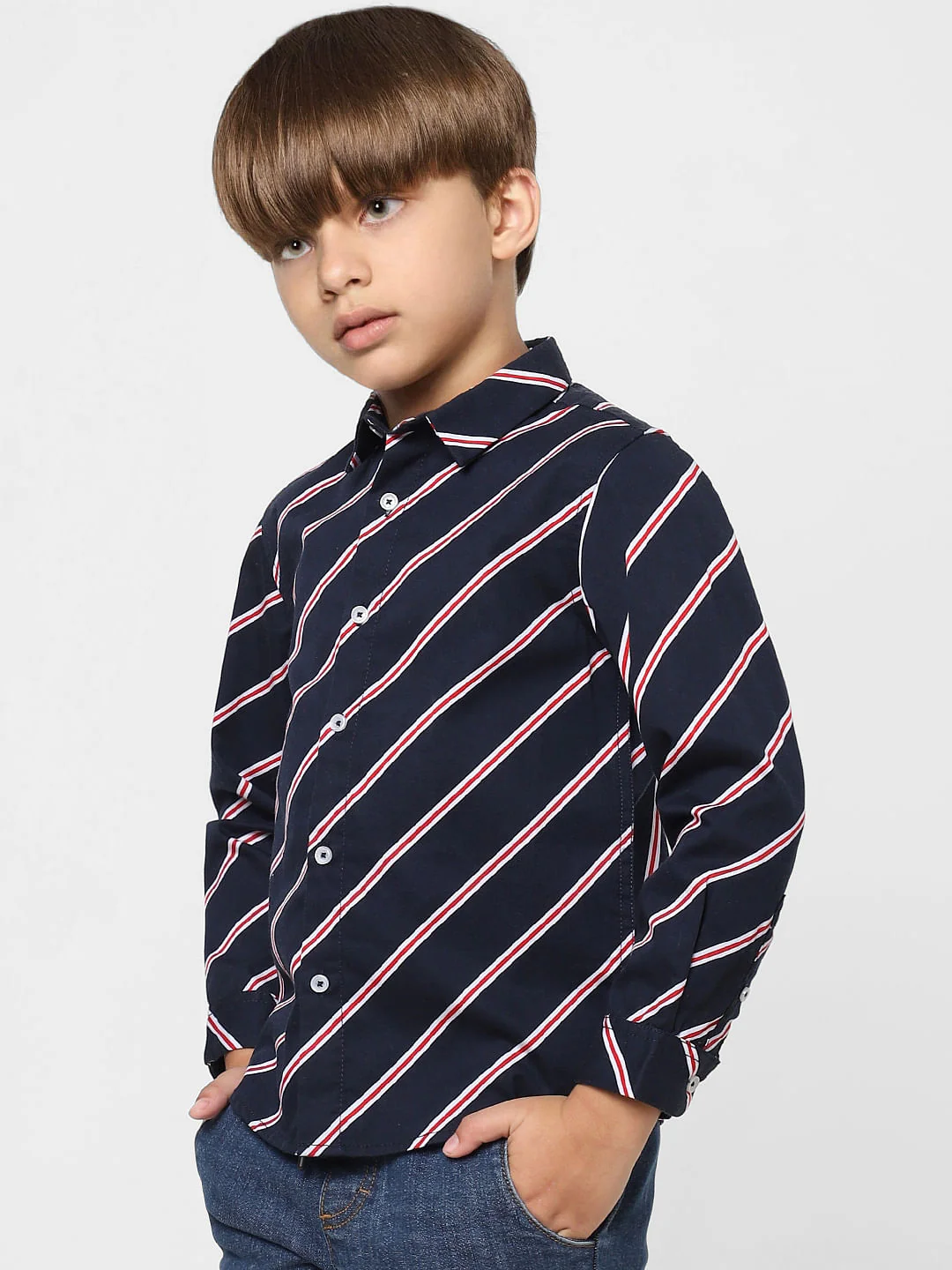 BOYS Navy Blue Striped Full Sleeves Shirt - Image 2