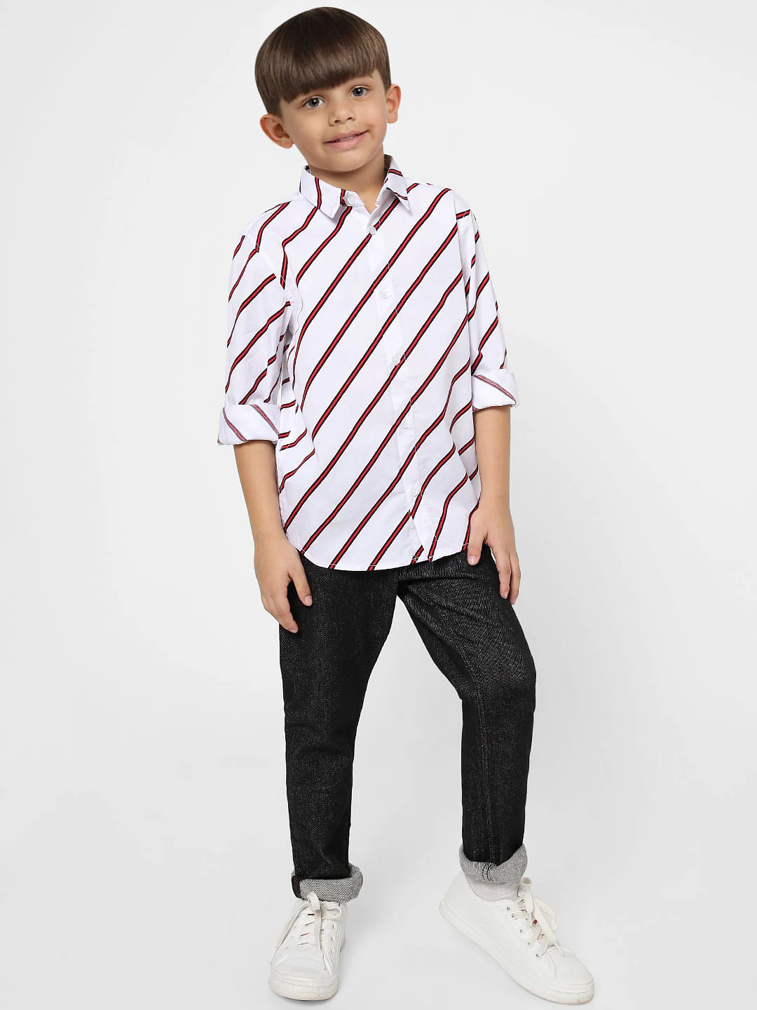 Boys White Striped Full Sleeves Shirt - Image 5