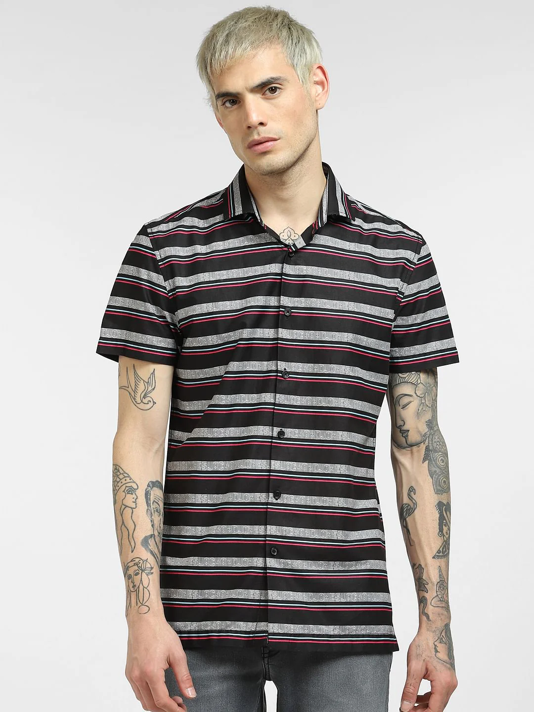 Black Horizontal Stripe Half Sleeves Shirt - Image 2