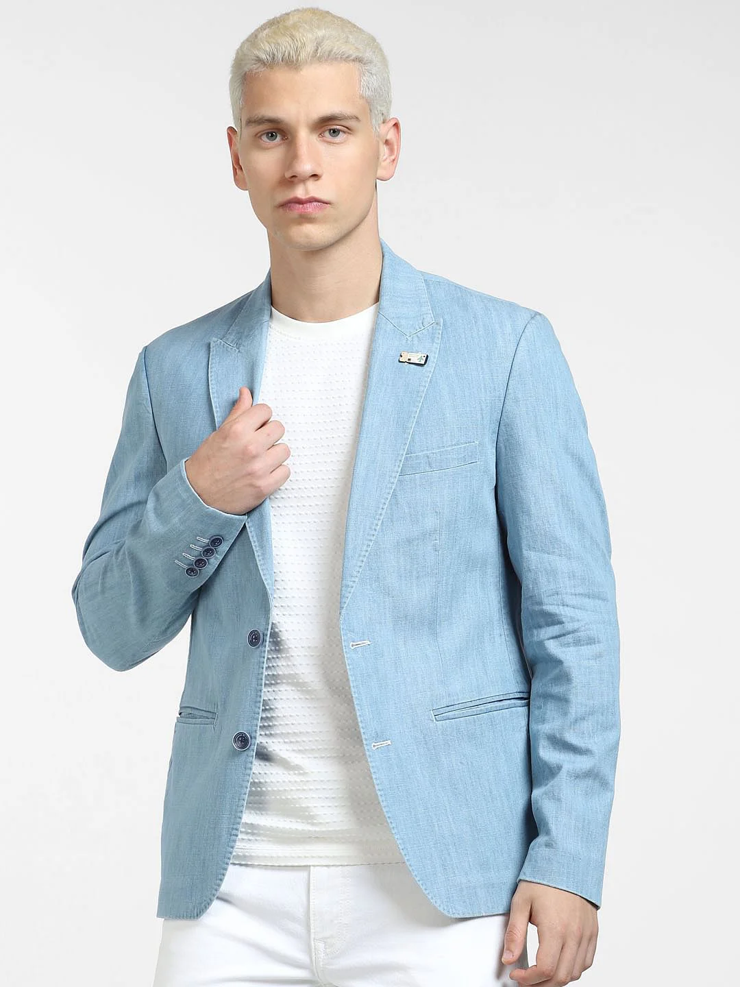 Light Blue Slim Fit Denim Blazer - Image 2