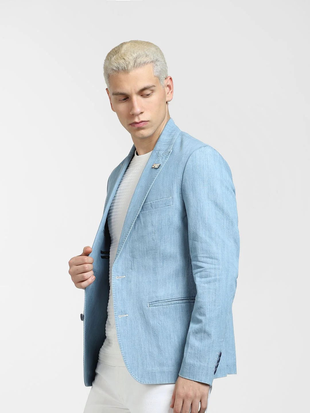 Light Blue Slim Fit Denim Blazer - Image 3
