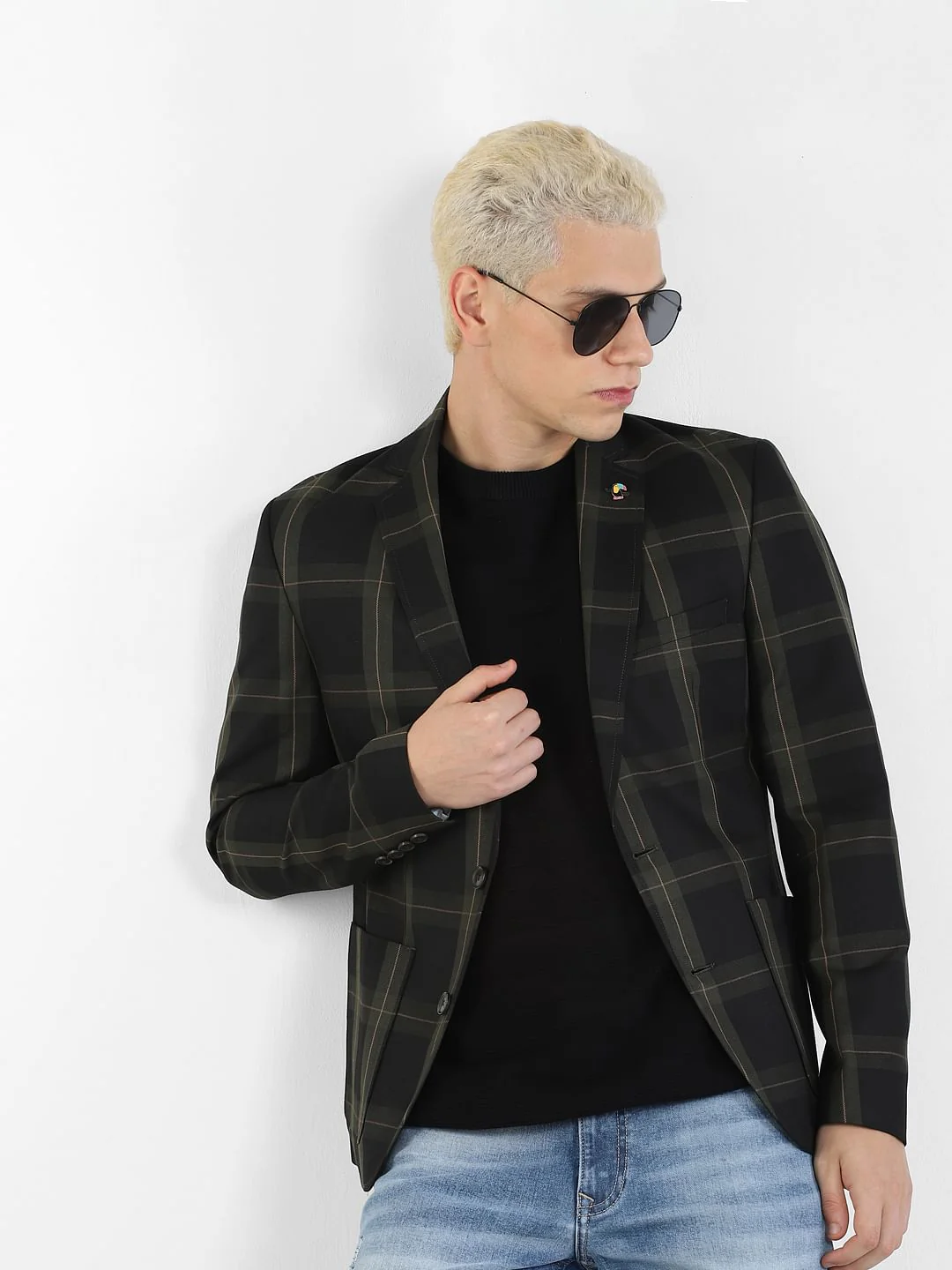 Green Check Print Slim Fit Blazer