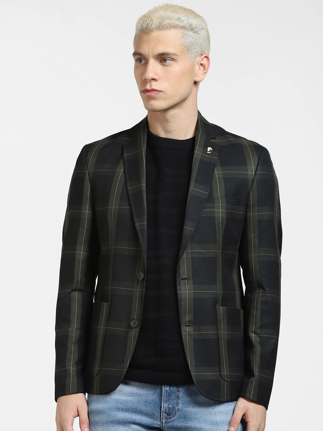 Green Check Print Slim Fit Blazer - Image 2