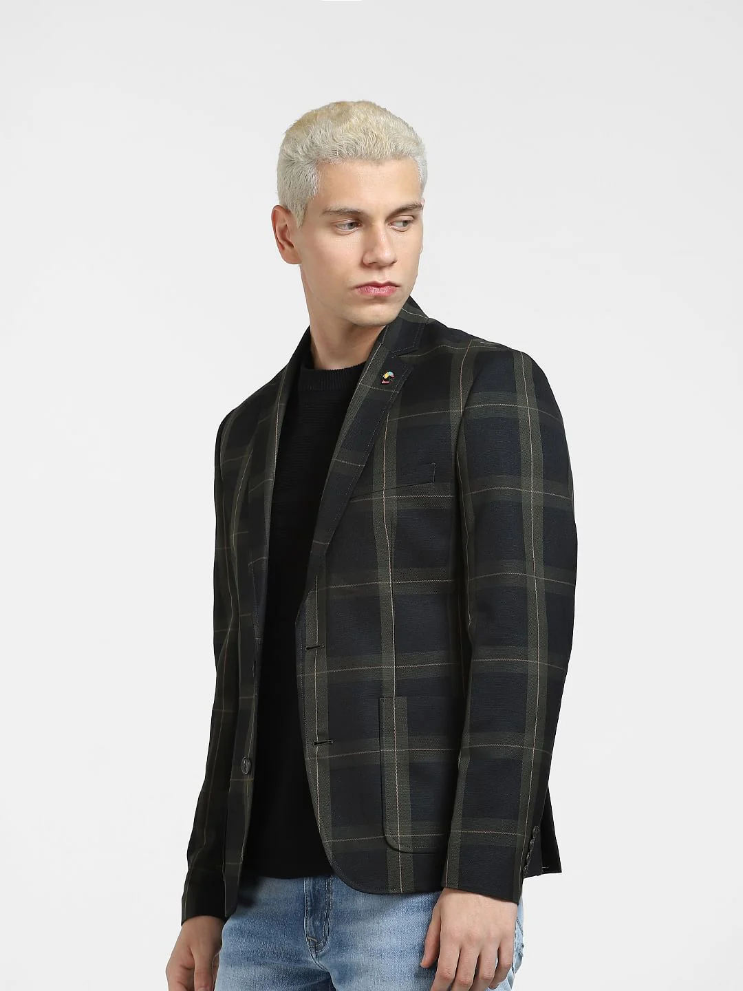 Green Check Print Slim Fit Blazer - Image 3
