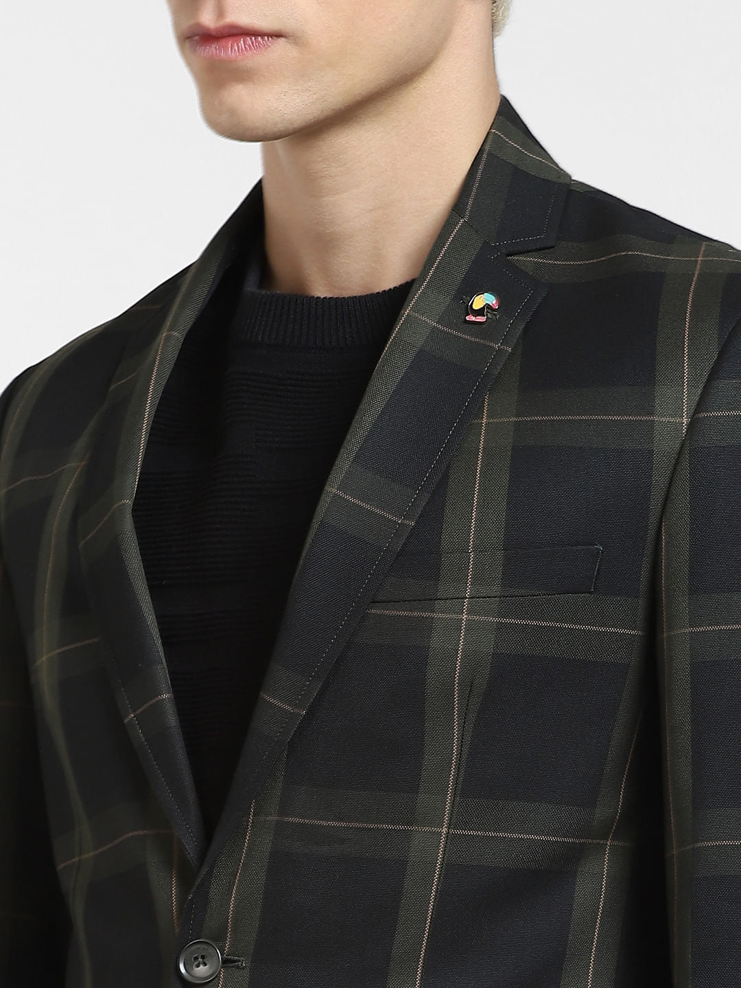 Green Check Print Slim Fit Blazer - Image 5