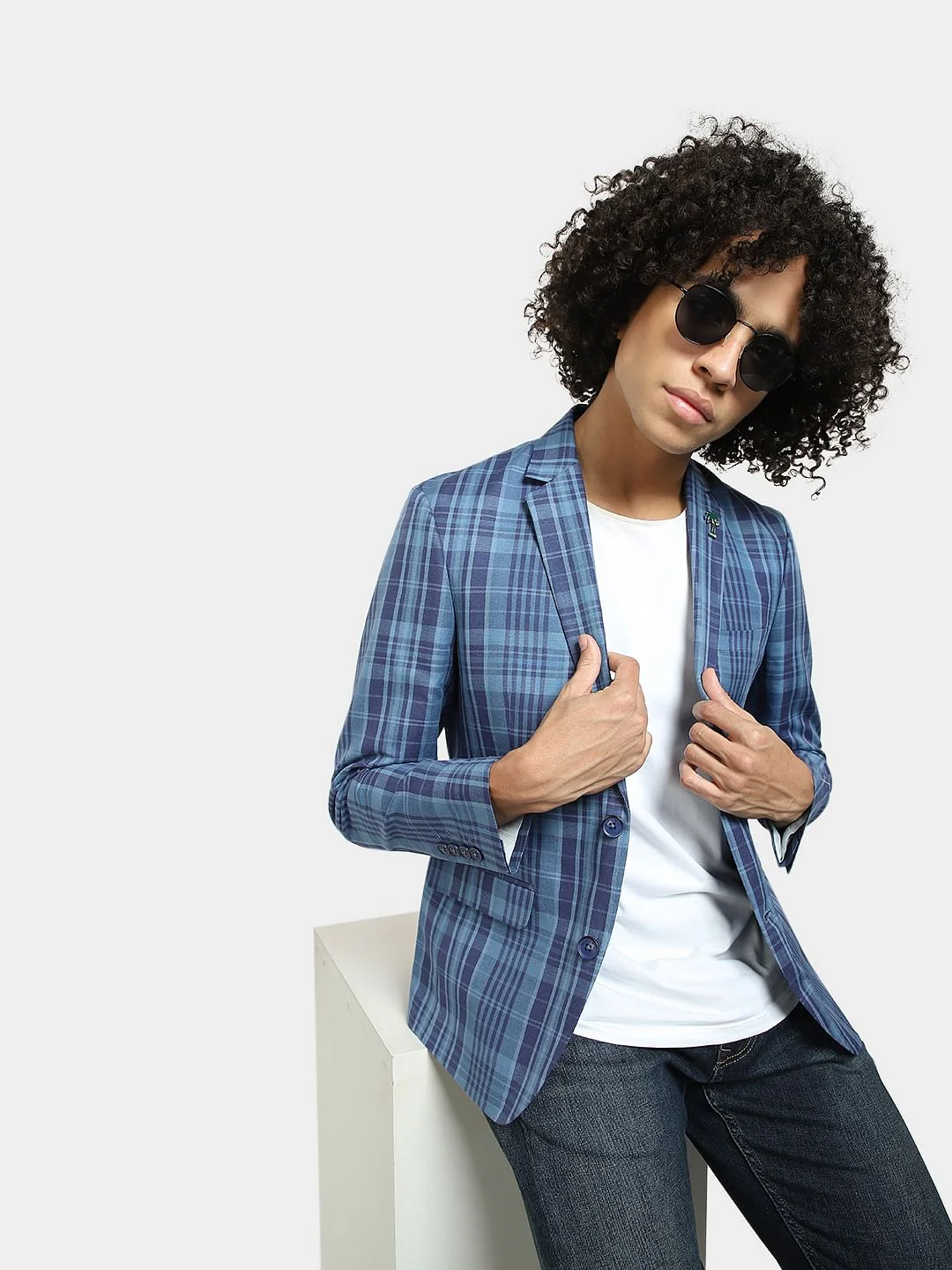 Blue Check Print Linen Blazer