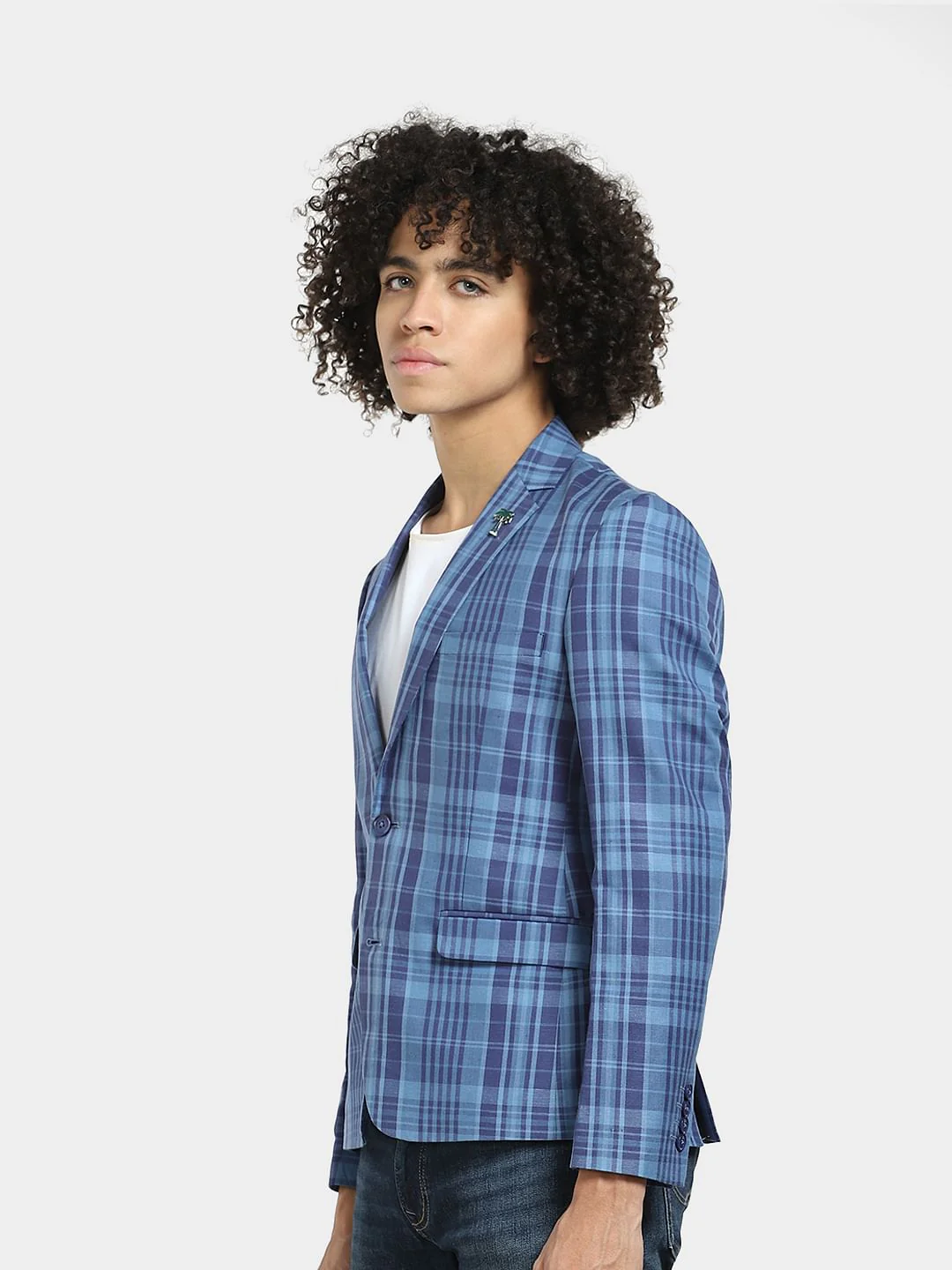 Blue Check Print Linen Blazer - Image 3