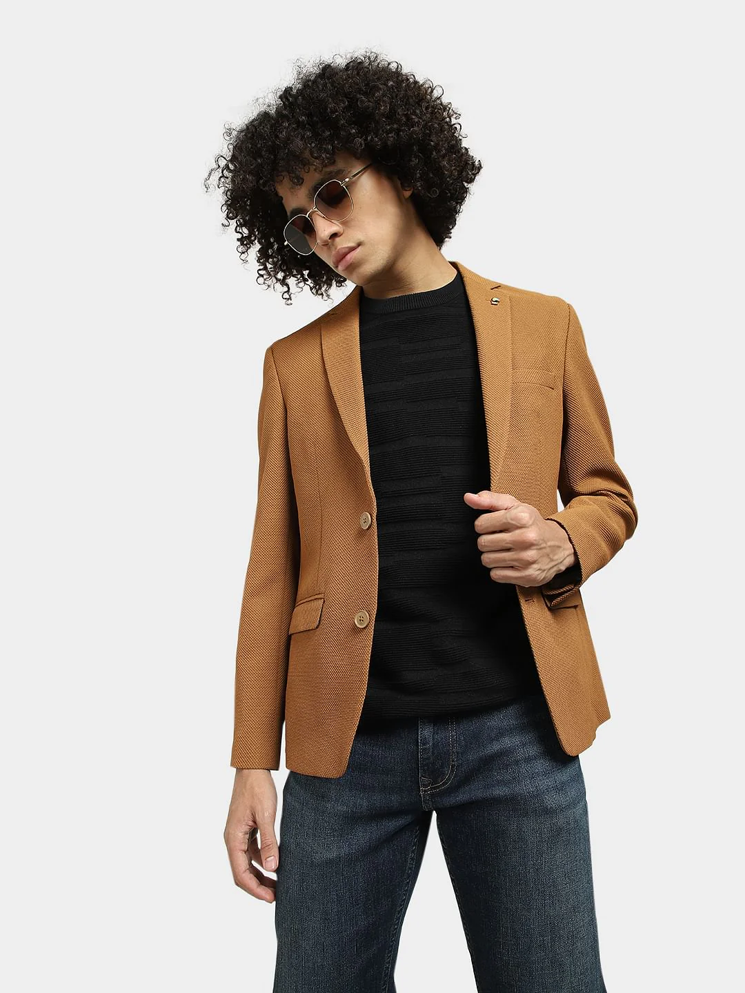 Brown Knitted Slim Fit Blazer