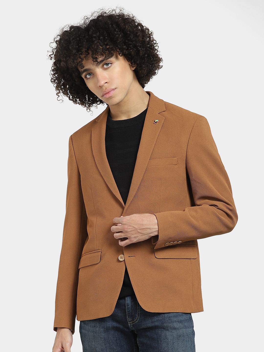 Brown Knitted Slim Fit Blazer - Image 2