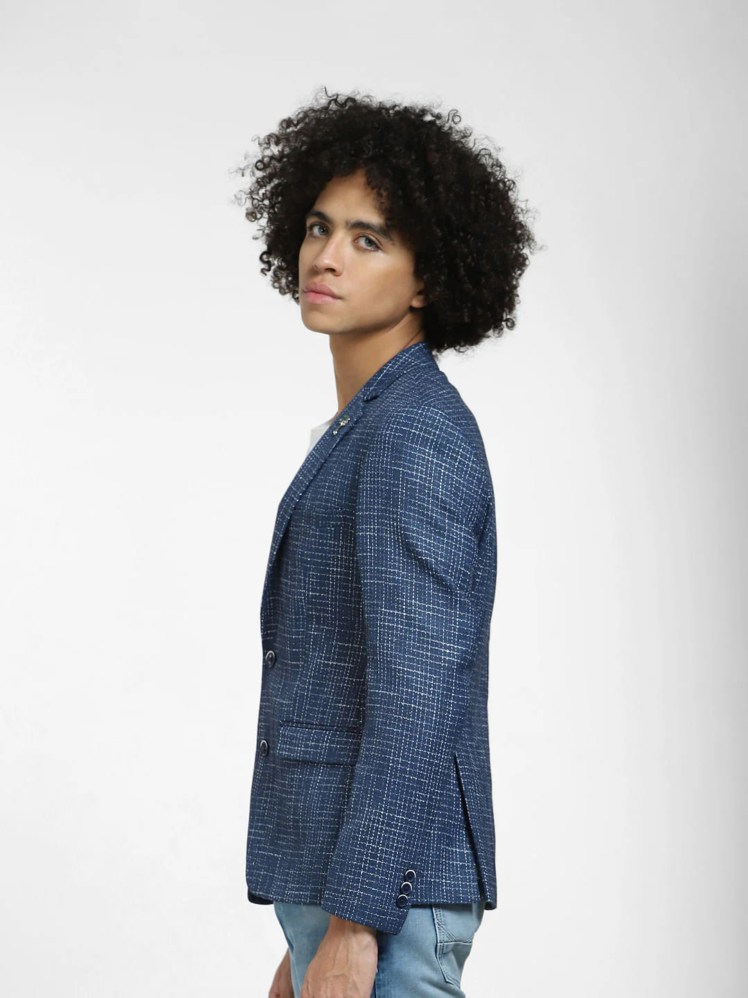 Blue Printed Slim Fit Blazer - Image 3