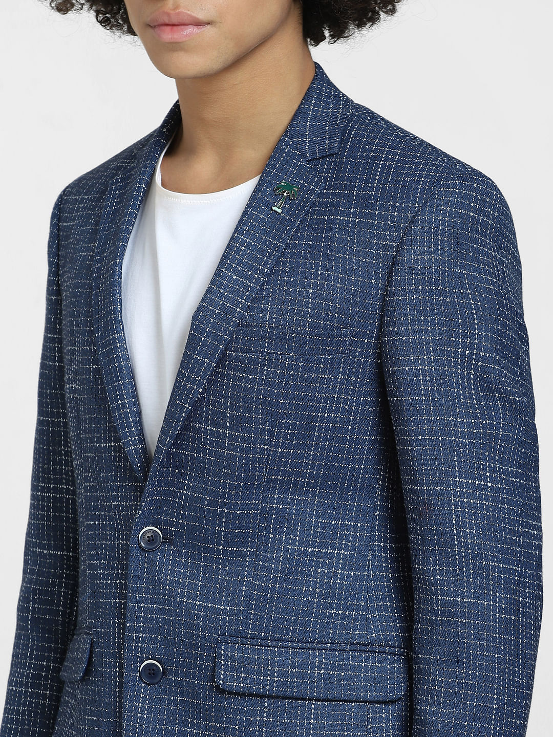 Blue Printed Slim Fit Blazer - Image 5