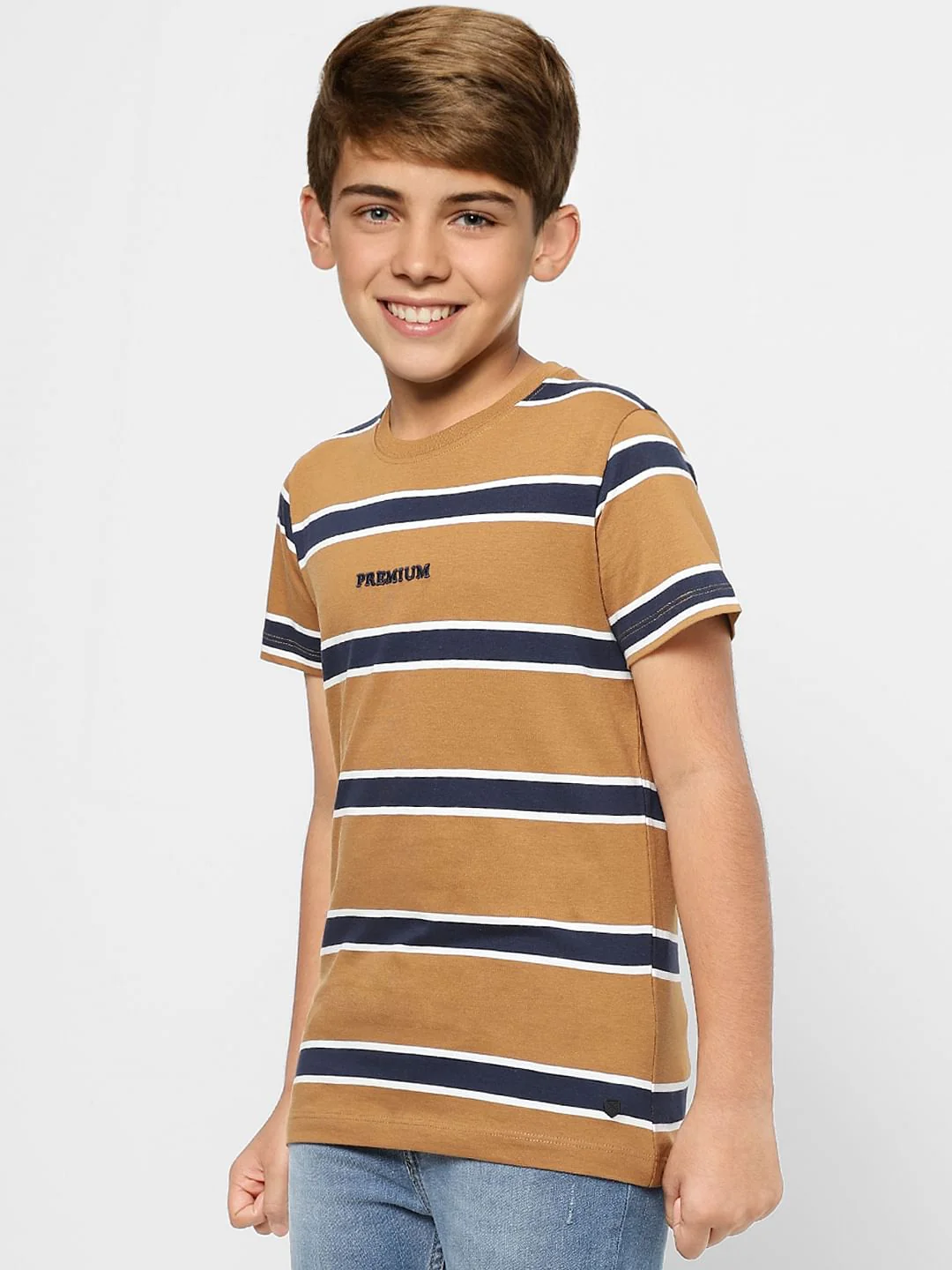 Boys Brown Striped Crew Neck T-shirt - Image 3