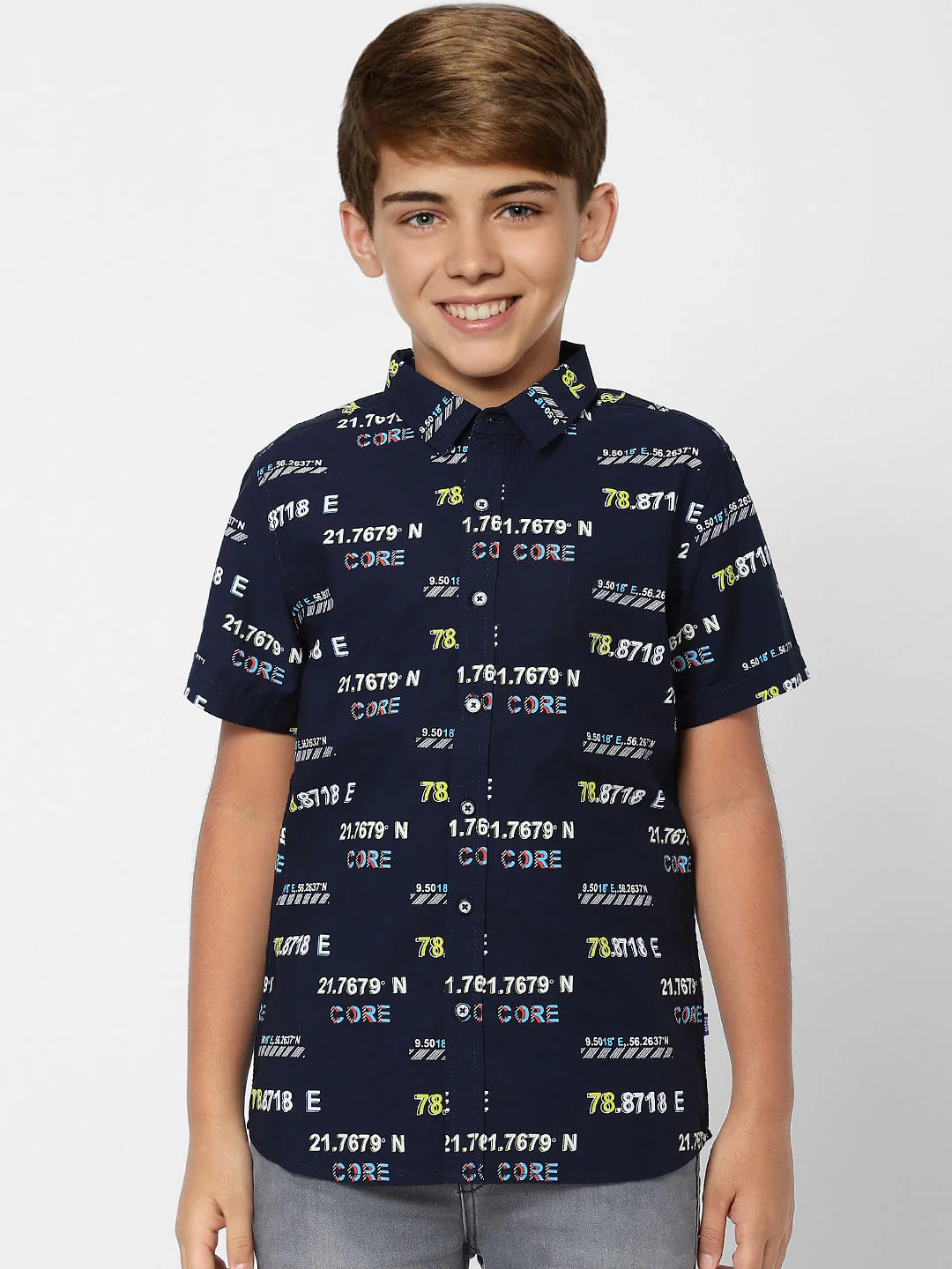 BOYS Dark Navy Blue Printed Half Sleeves Shirt - Image 2