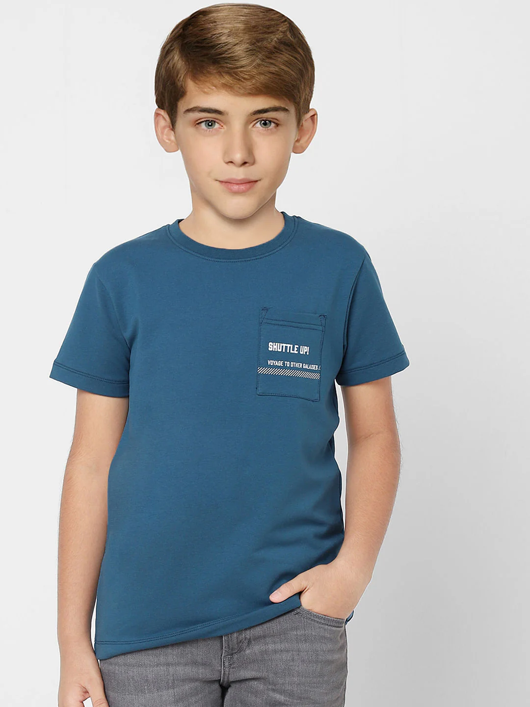 Boys Turquoise Text Print Crew Neck T-shirt - Image 2