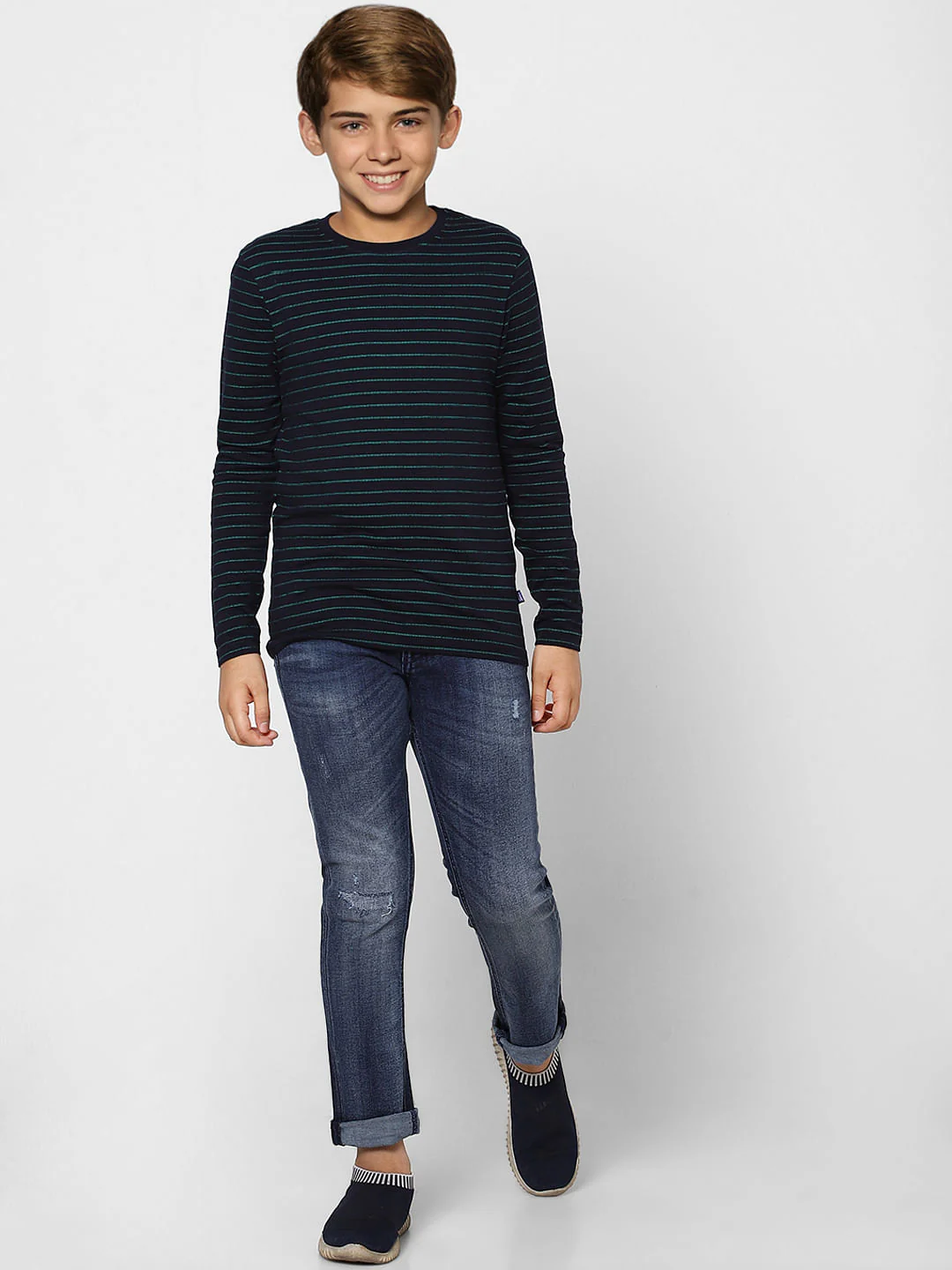 BOYS Blue Striped Crew Neck Full Sleeves T-shirt