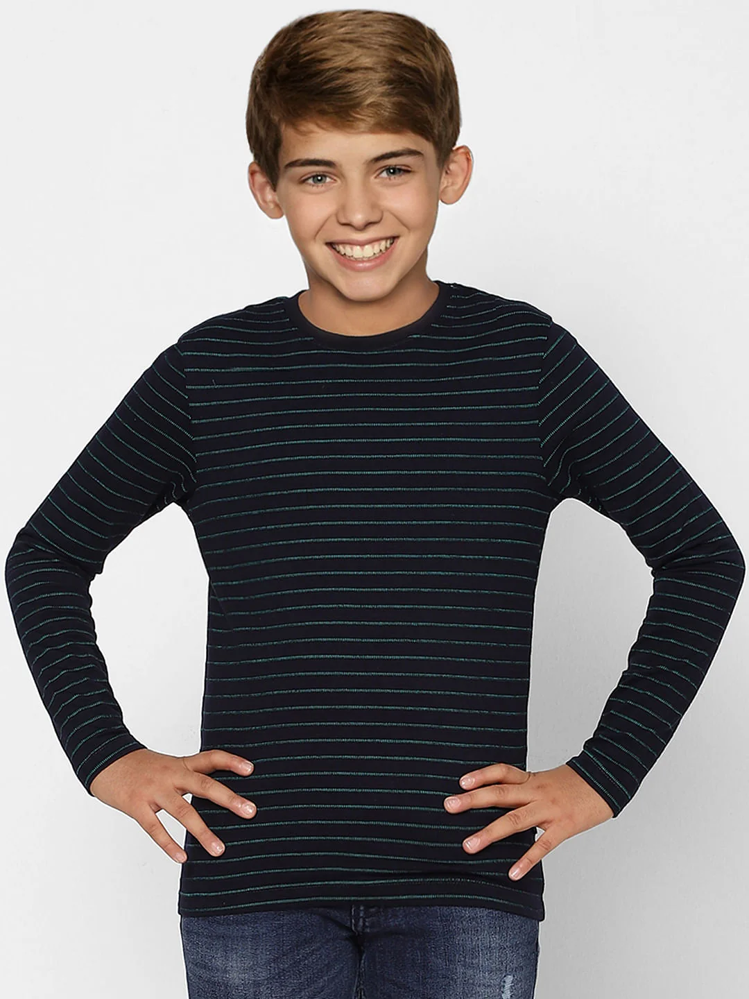 BOYS Blue Striped Crew Neck Full Sleeves T-shirt - Image 2