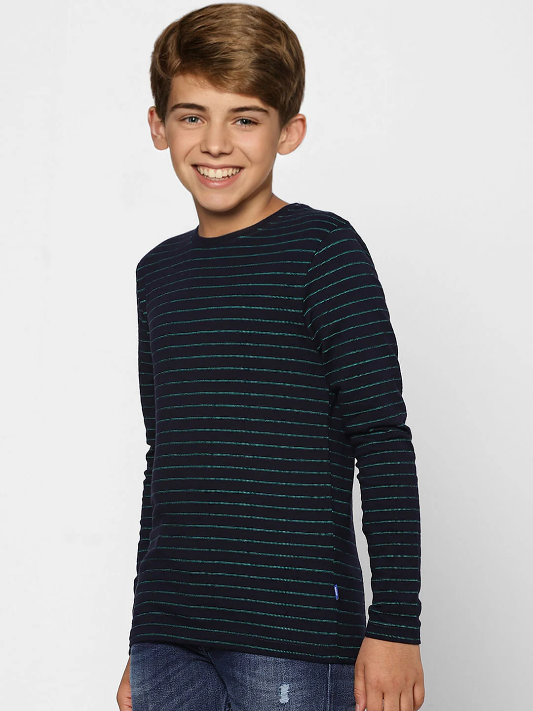 BOYS Blue Striped Crew Neck Full Sleeves T-shirt - Image 3