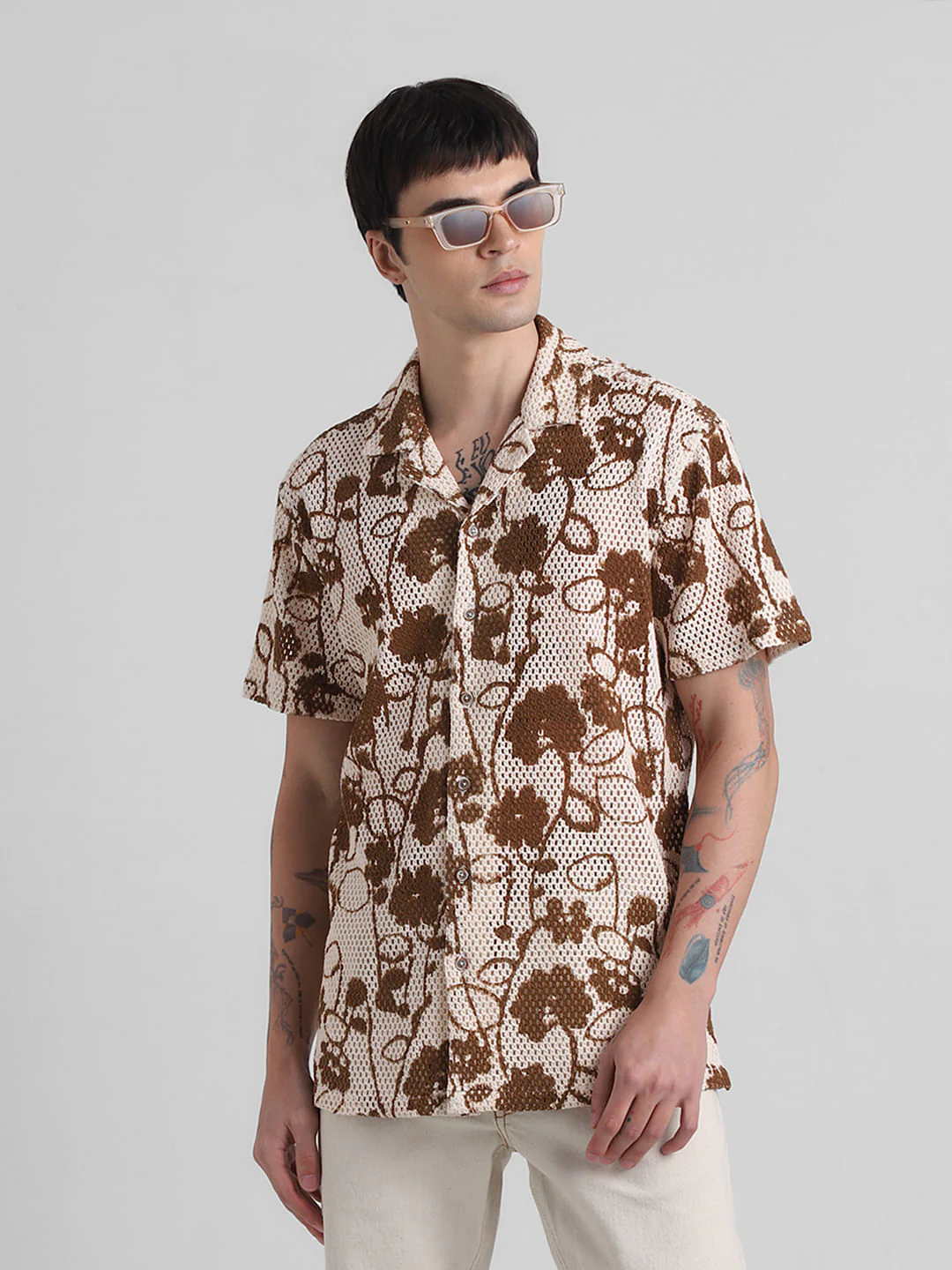 Brown Printed Short Sleeves Shirt