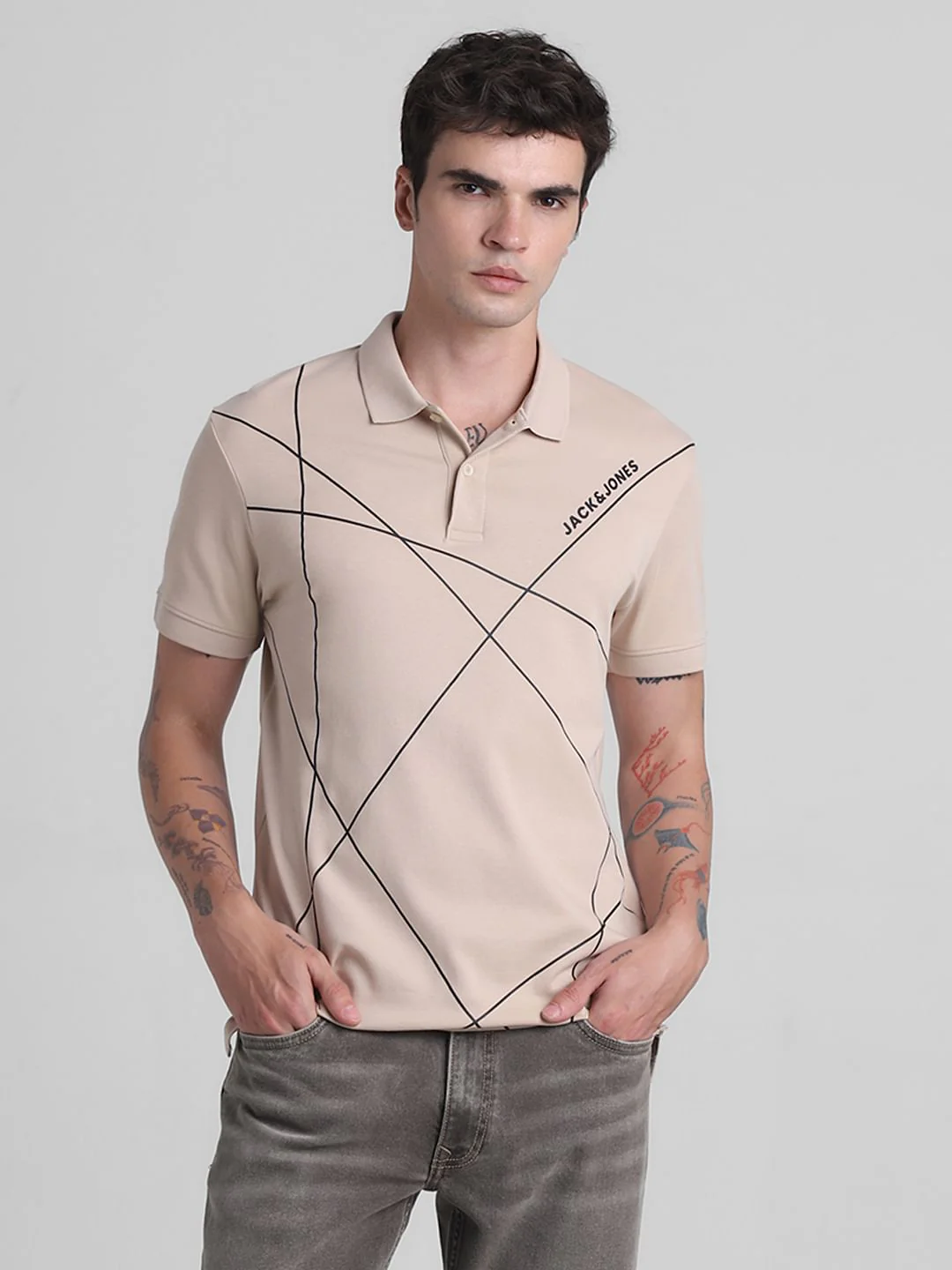 Light Brown Printed Cotton Polo T-shirt - Image 2