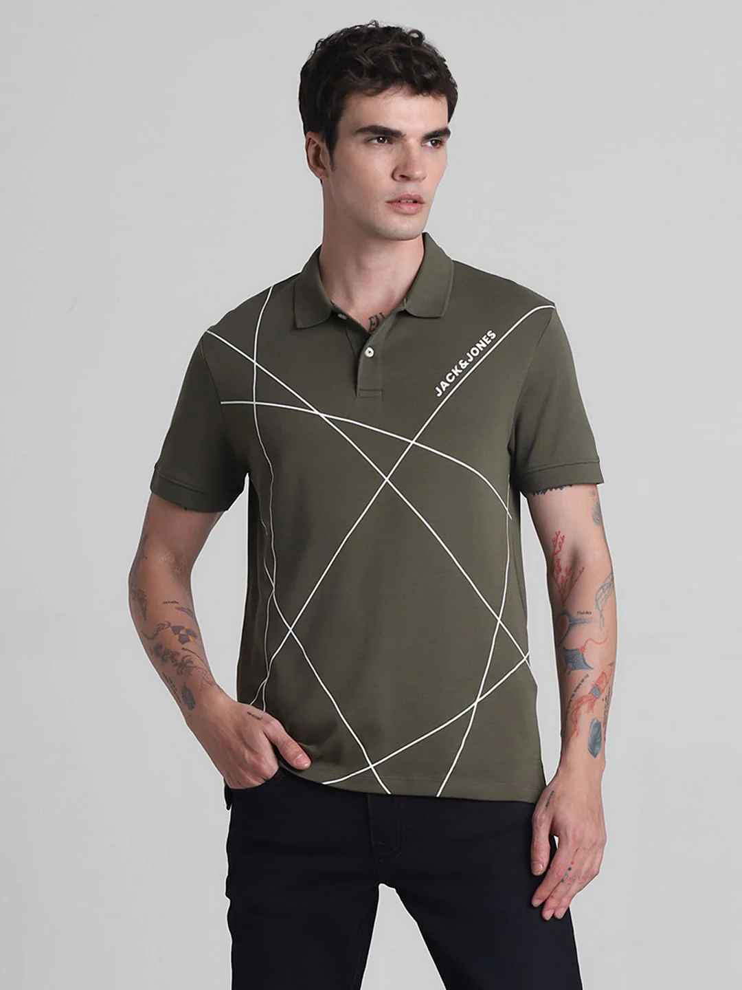 Olive Printed Cotton Polo T-shirt - Image 2