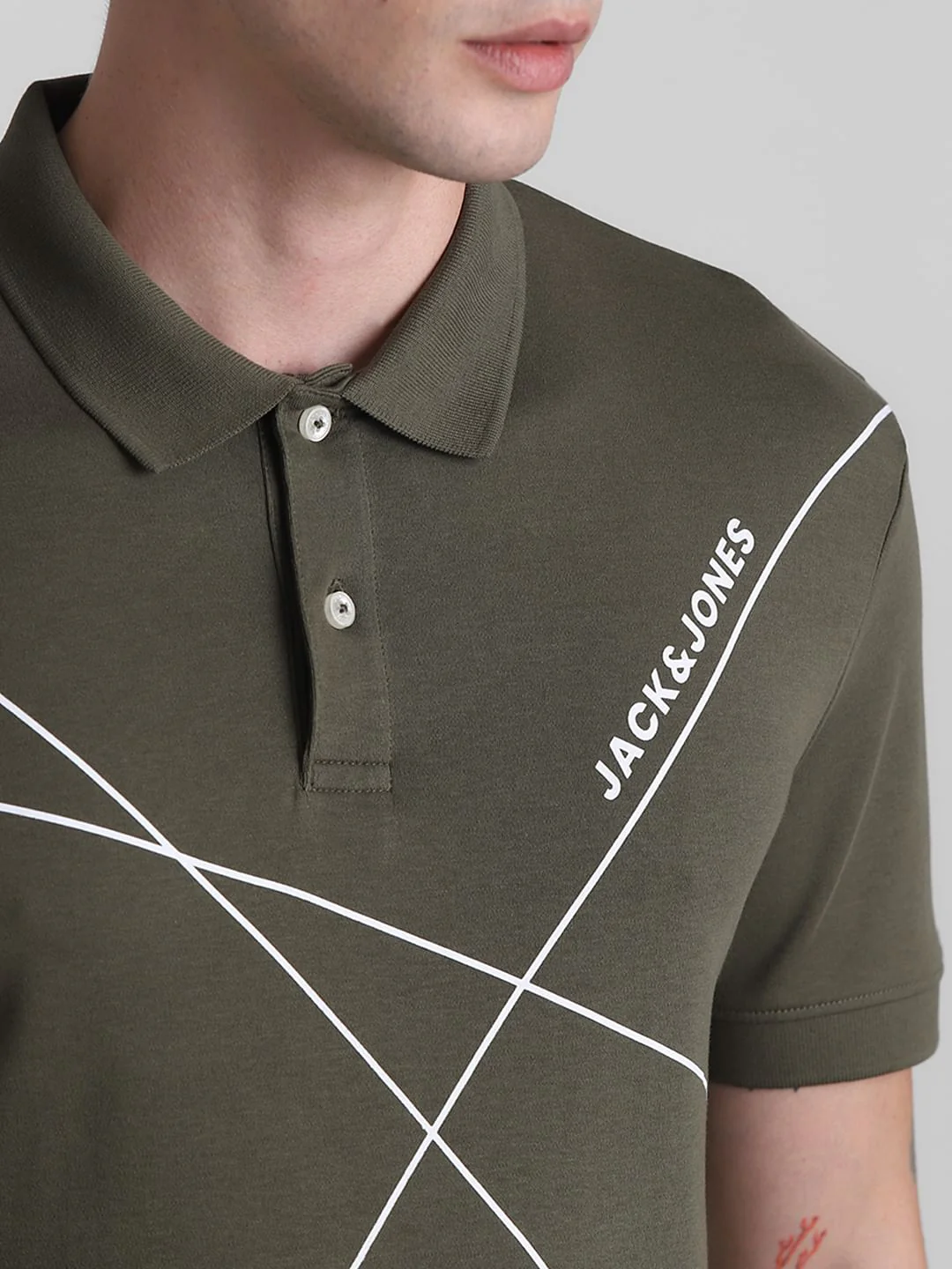 Olive Printed Cotton Polo T-shirt - Image 5